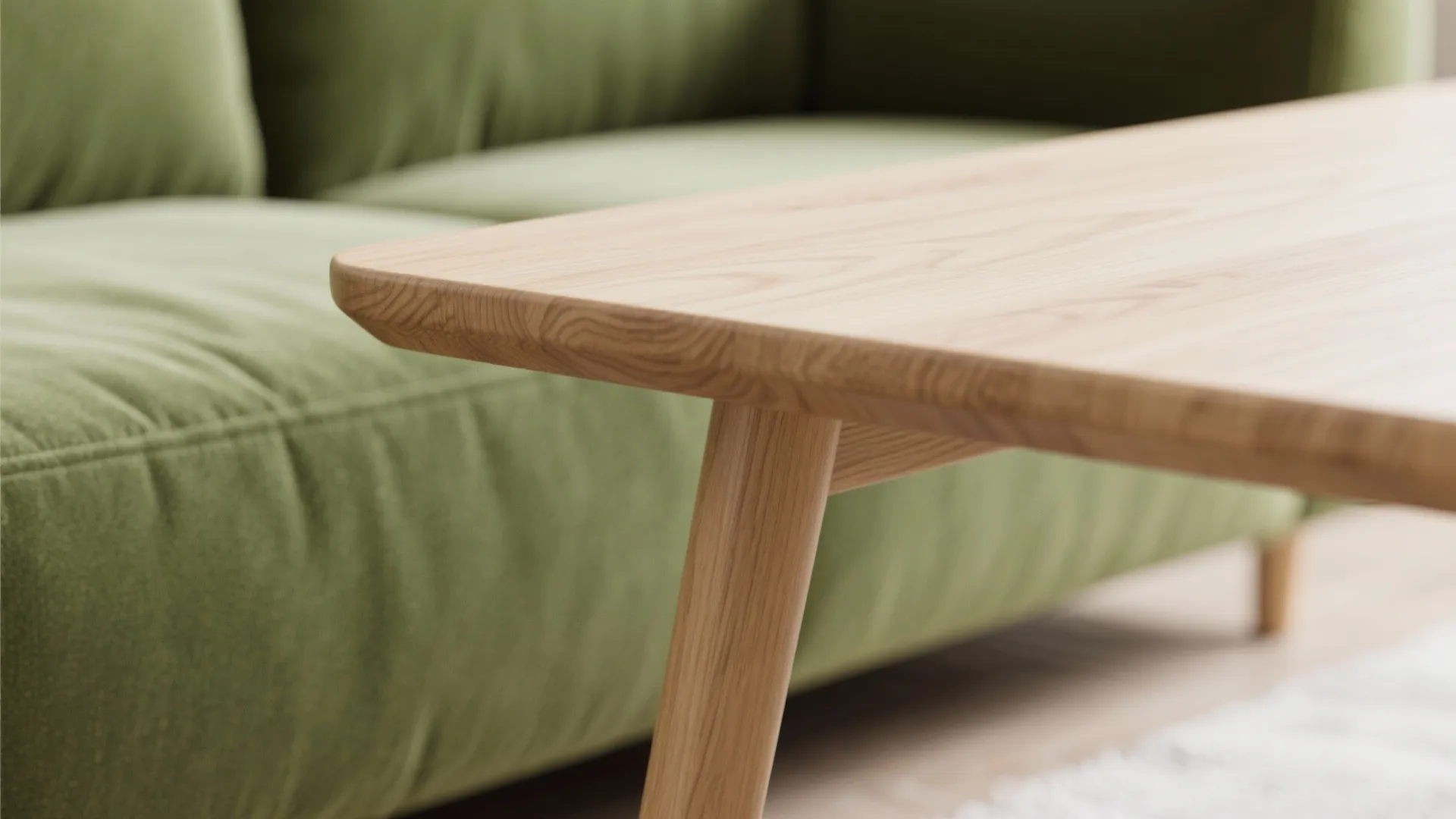 Close up view of a light wood coffee table with a green fabric sofa behind it