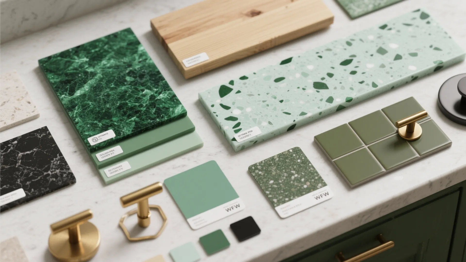 Various green marble stone and wood material samples arranged on a table for interior design projects