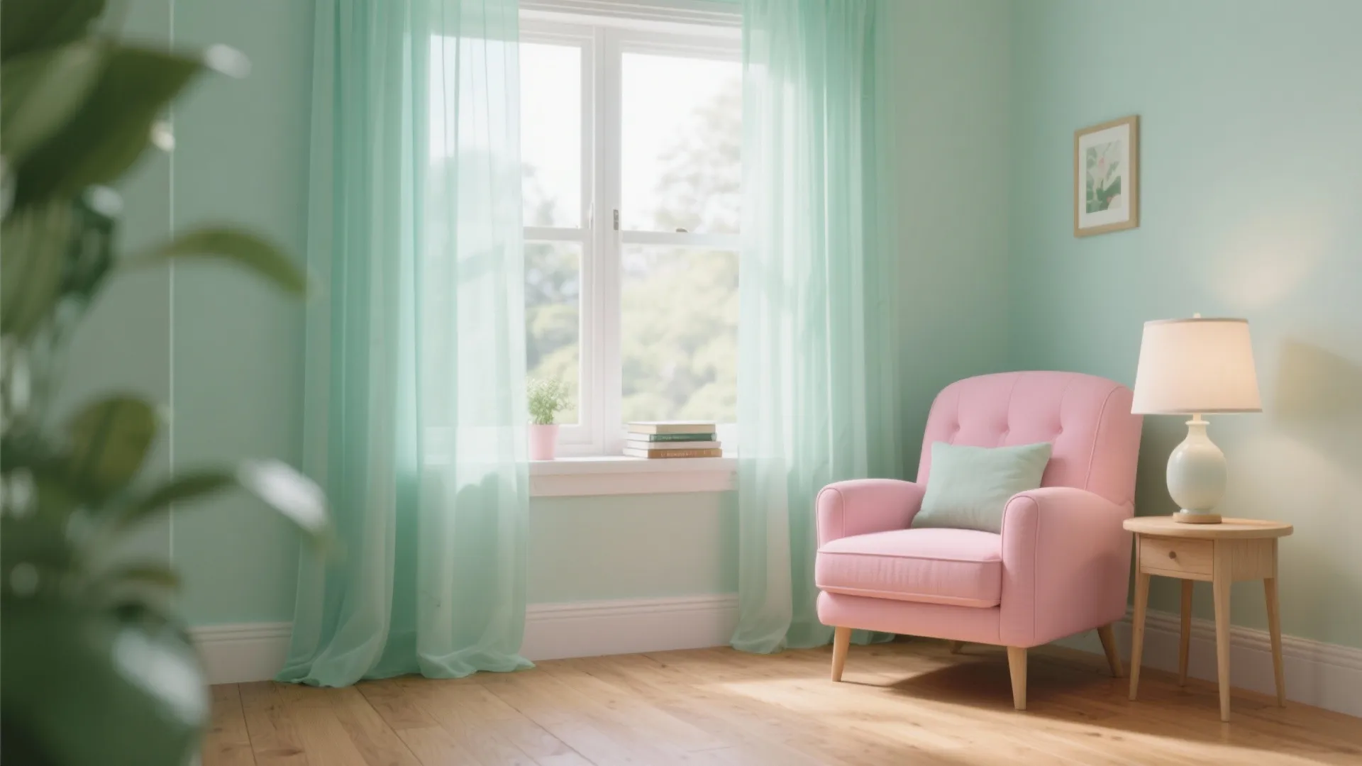 7. Soft Green Curtains with Pink Armchair
