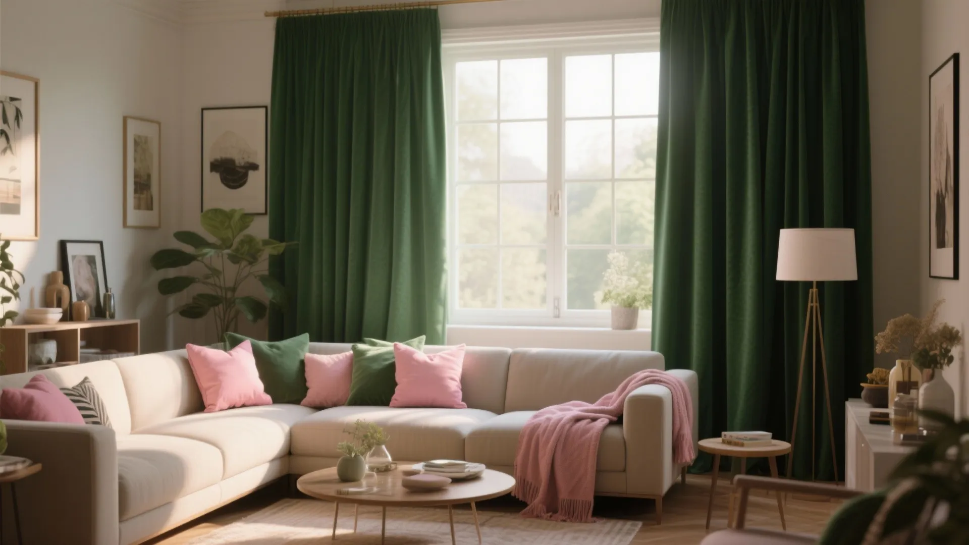 8. Deep Green Curtains with Pink Accessories