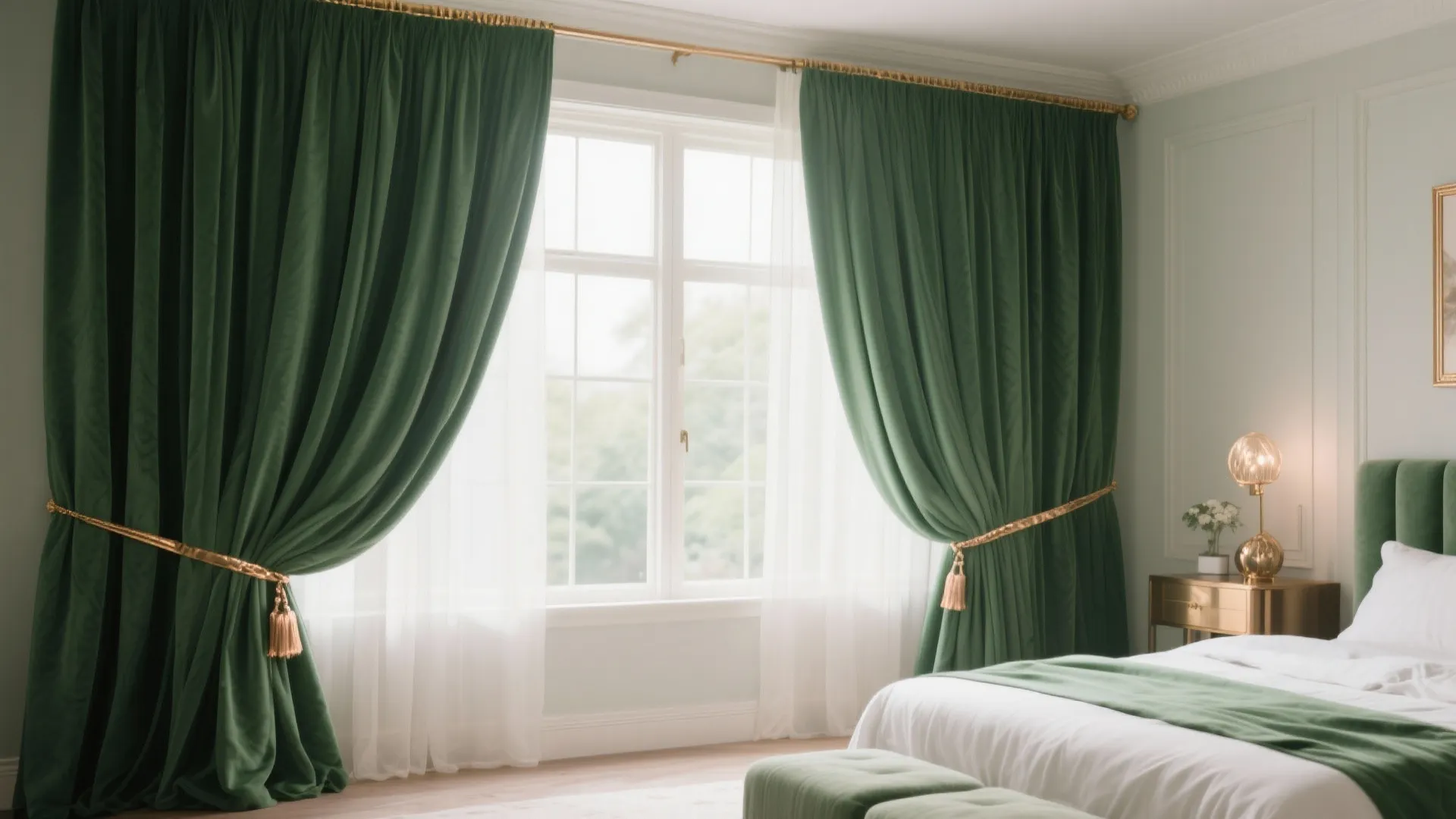 9. Green Curtains with Rose Gold Tiebacks