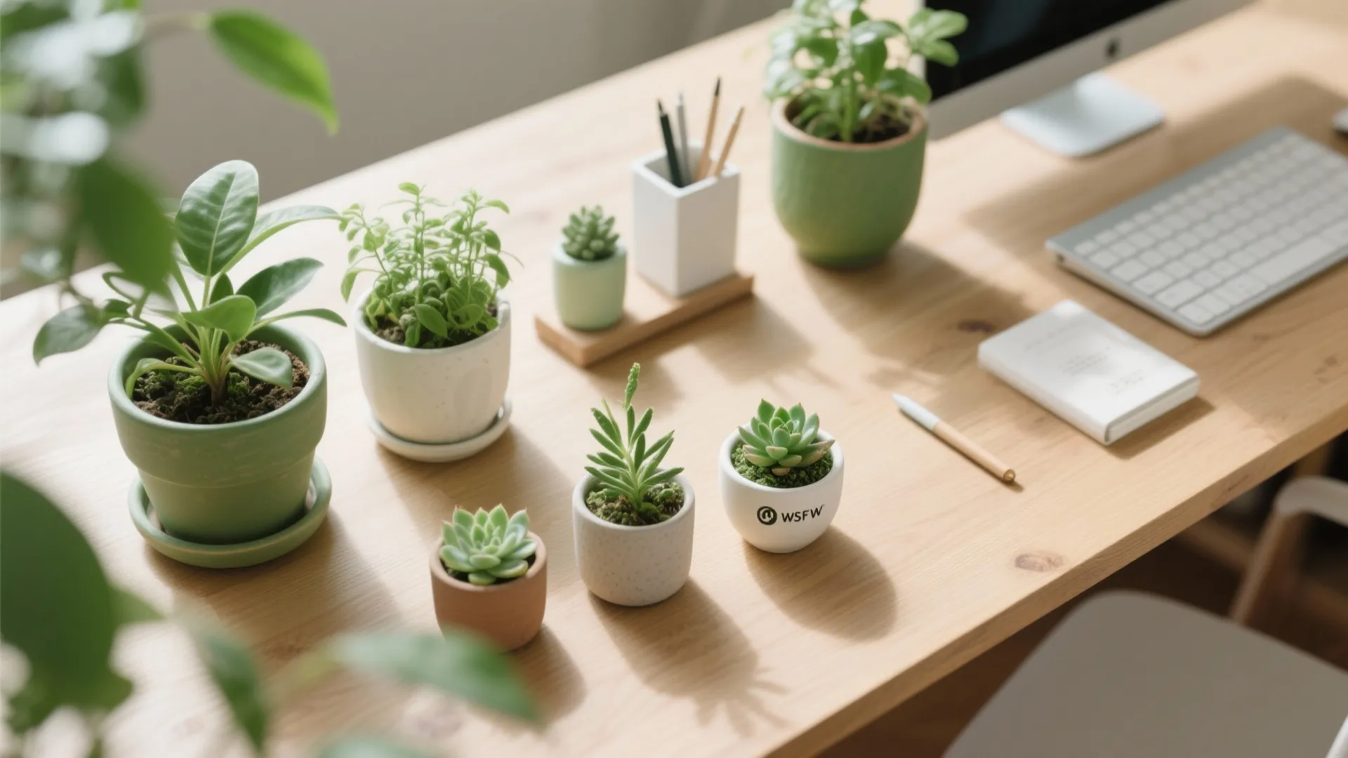 Group of small green potted plants and succulents on a light wood desk with computer