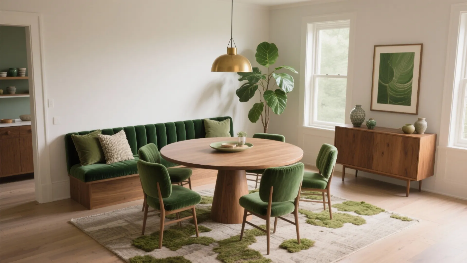 Modern dining room featuring round wooden table green velvet chairs gold ceiling light and large plant
