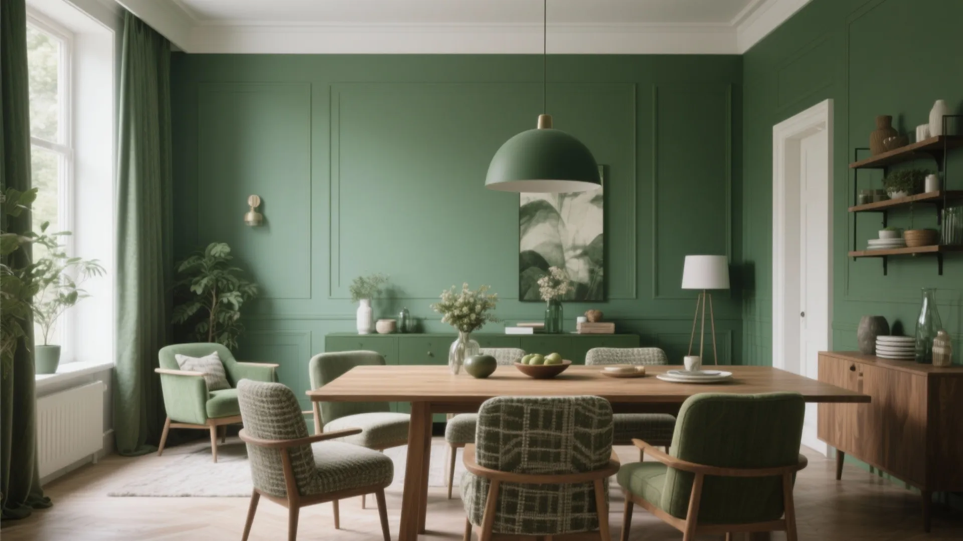 Modern dining room with green wall panels wooden table green chairs and large green ceiling light