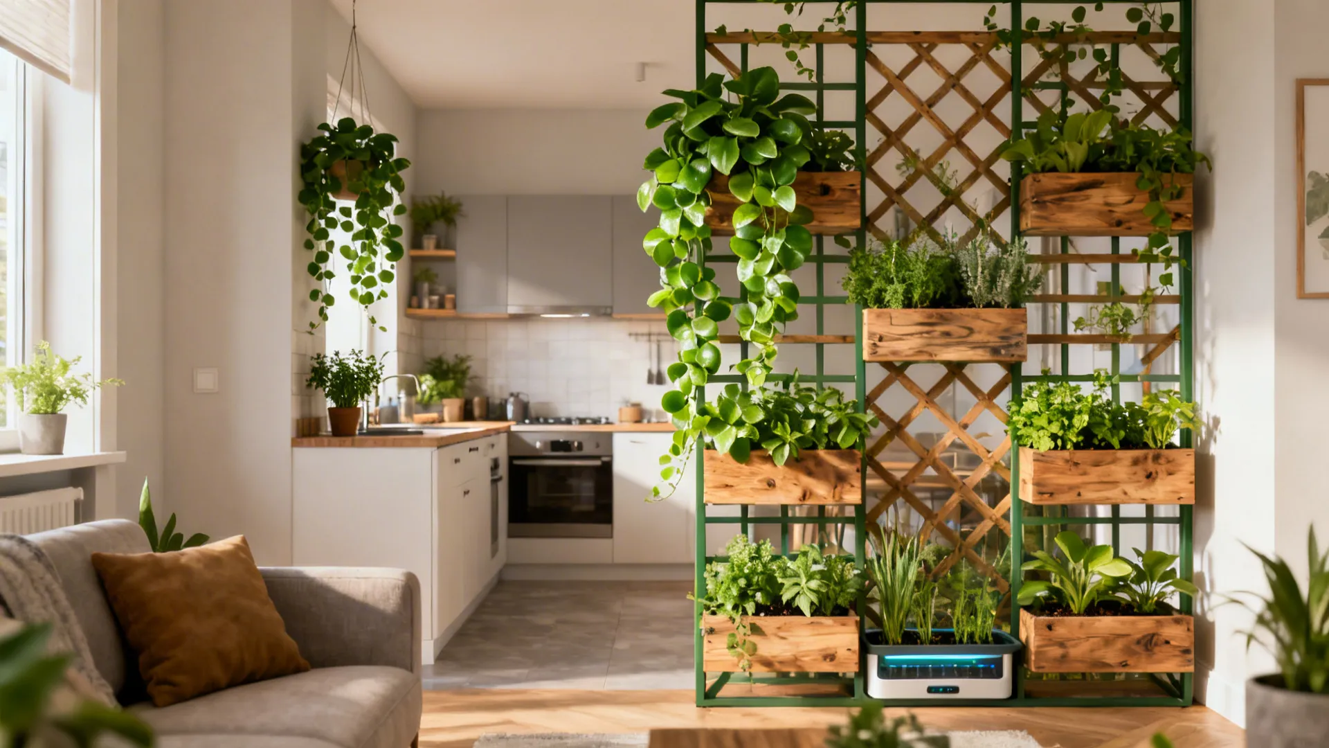 Living room divider made of wooden trellis and green plants separating the sofa from the kitchen