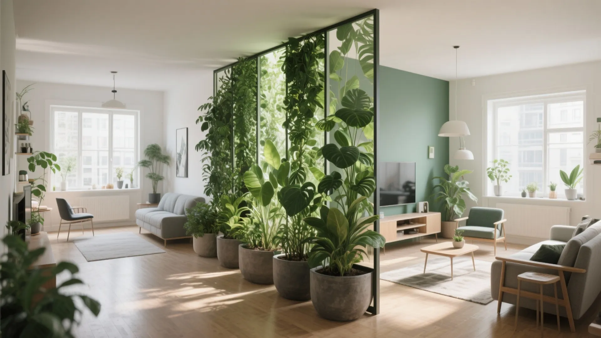 Before and after of a studio apartment transformed with tall planter dividers.