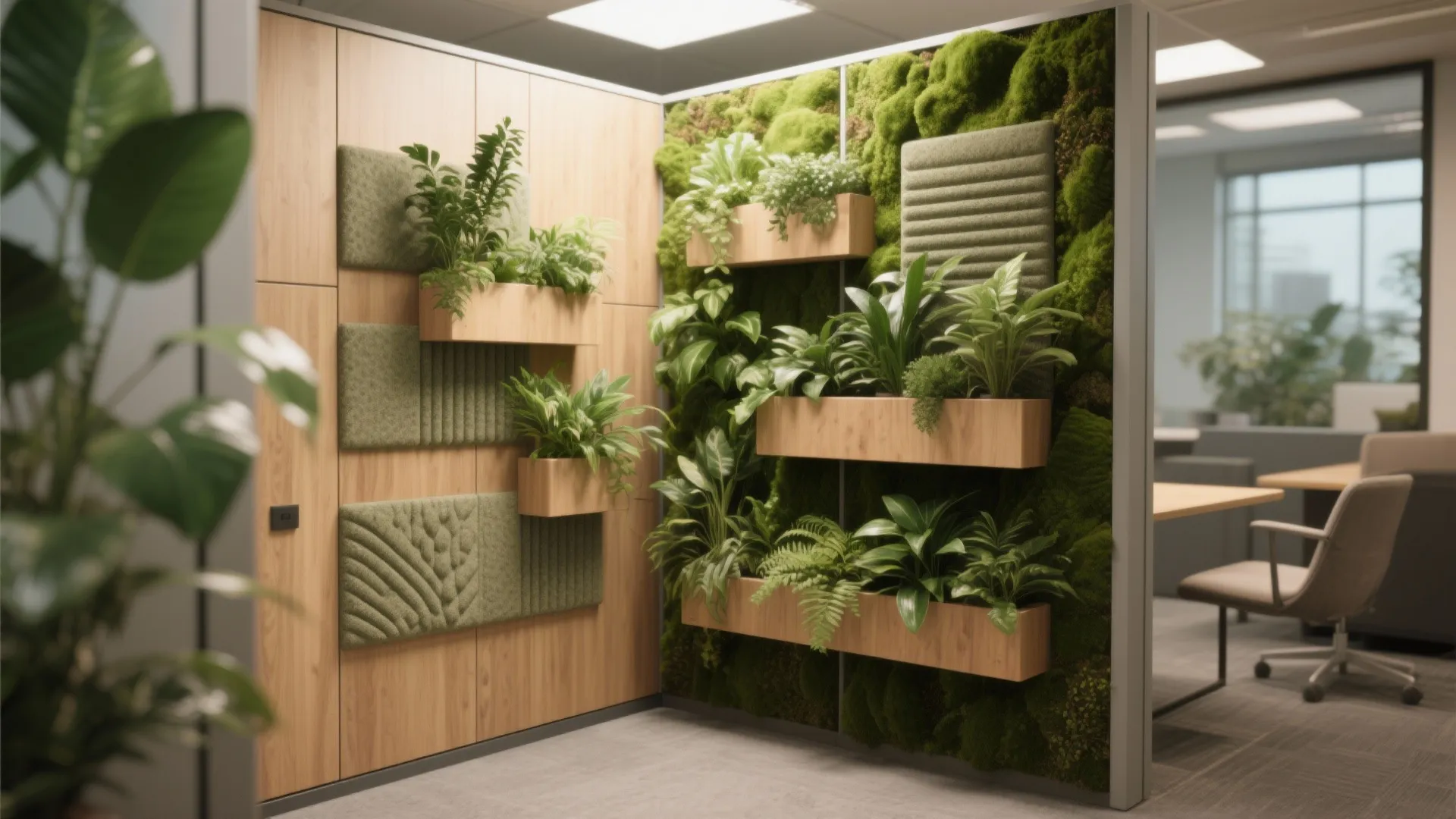 Indoor green wall with moss and potted plants attached to wood panels in modern office