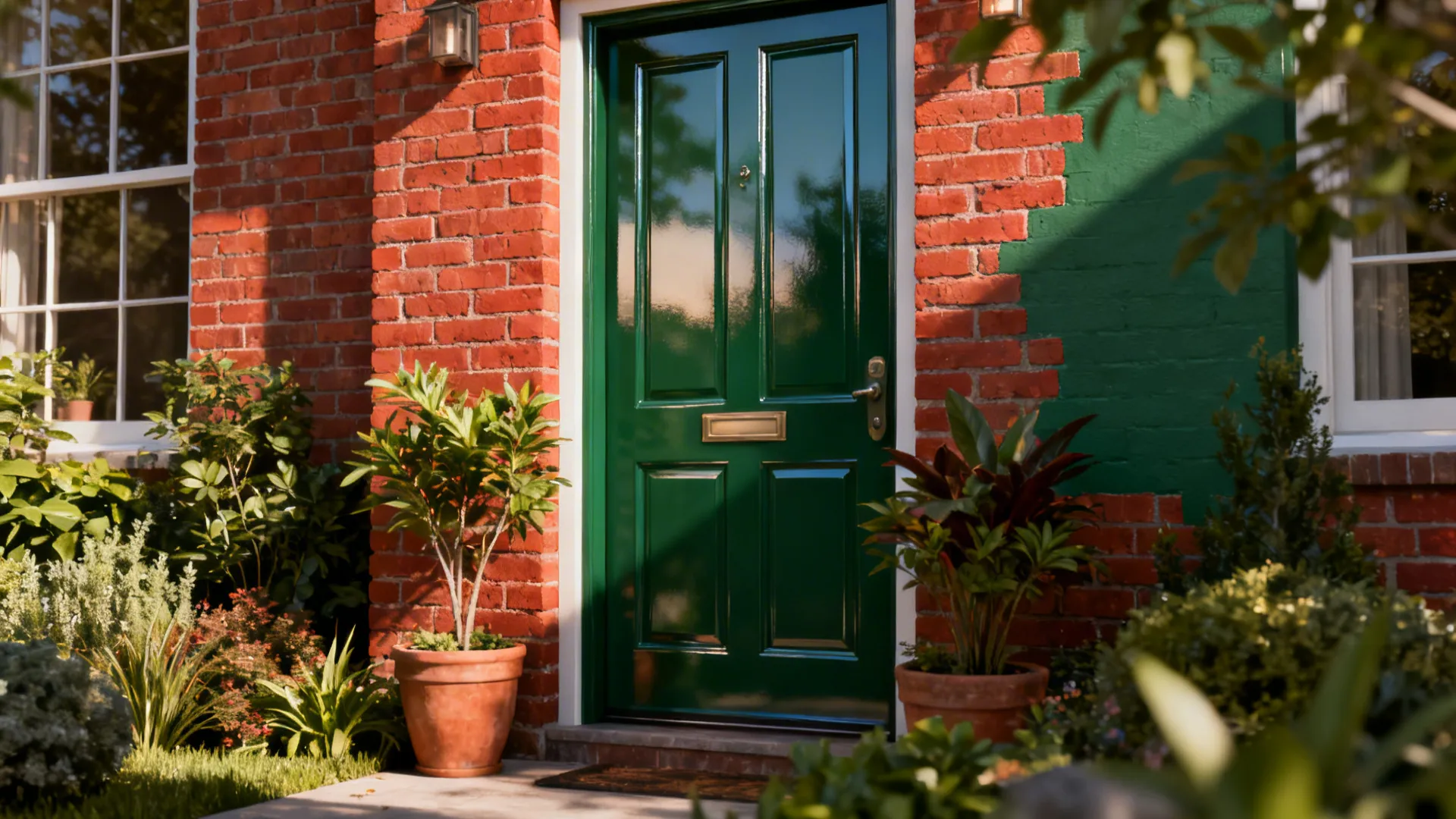 Forest green front door on a red brick bungalow surrounded by plants.