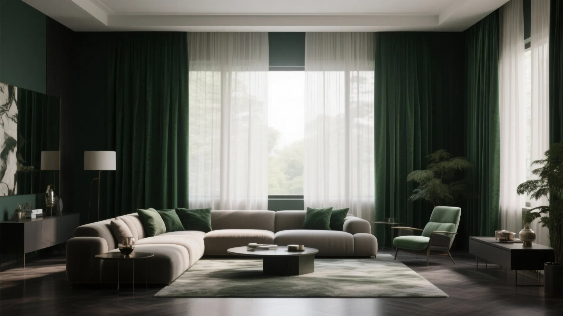 Floor-to-Ceiling Curtains in Deep Green