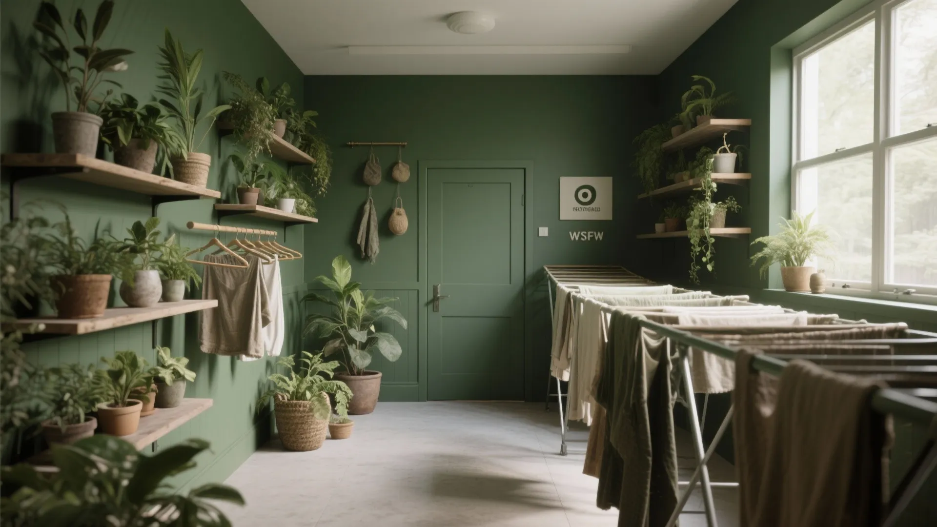 Dark green laundry room filled with green plants wooden wall shelves and metal floor drying rack