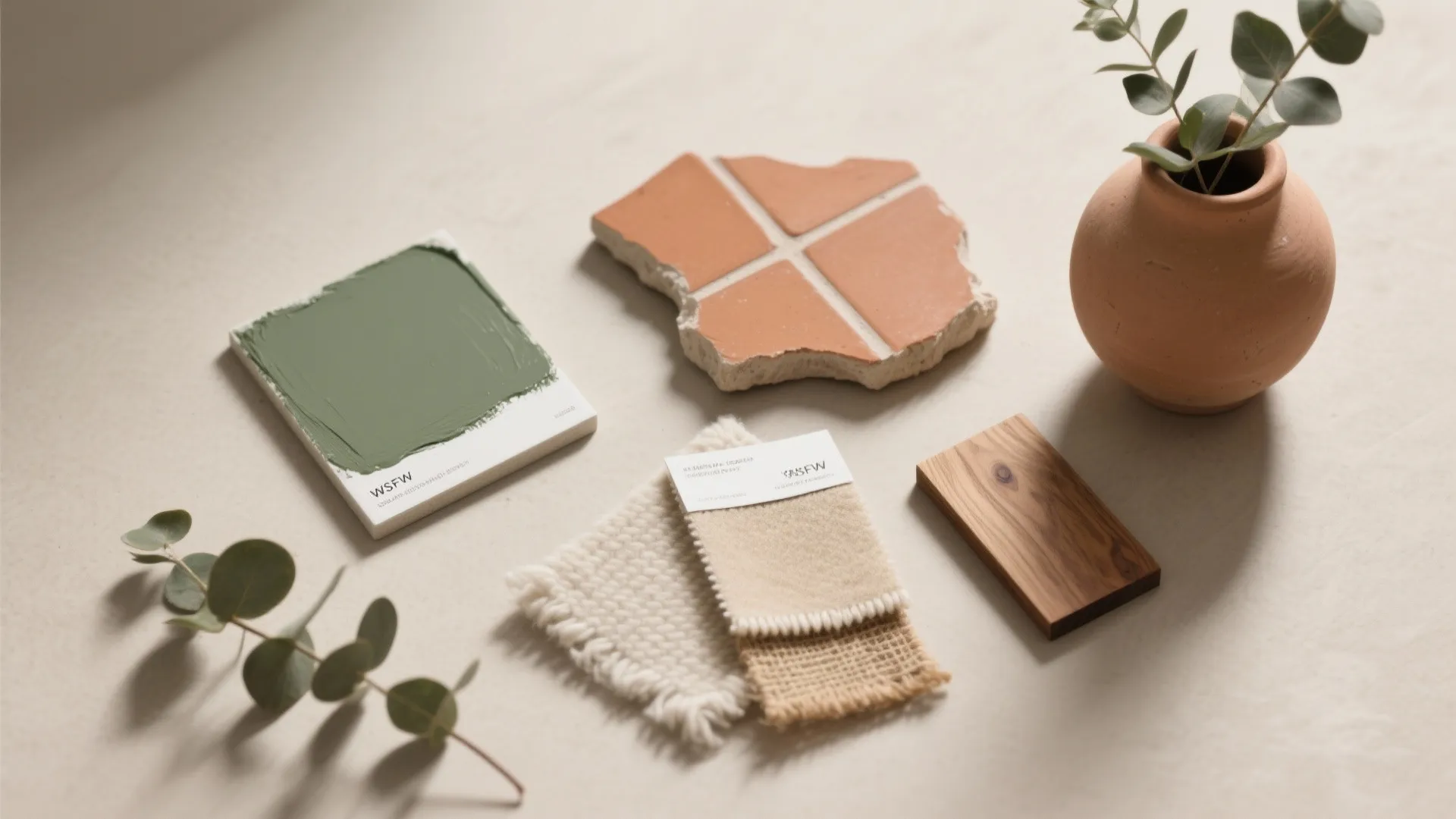 Earth tone mood board with green paint swatch wood tile fabric samples and small clay pot