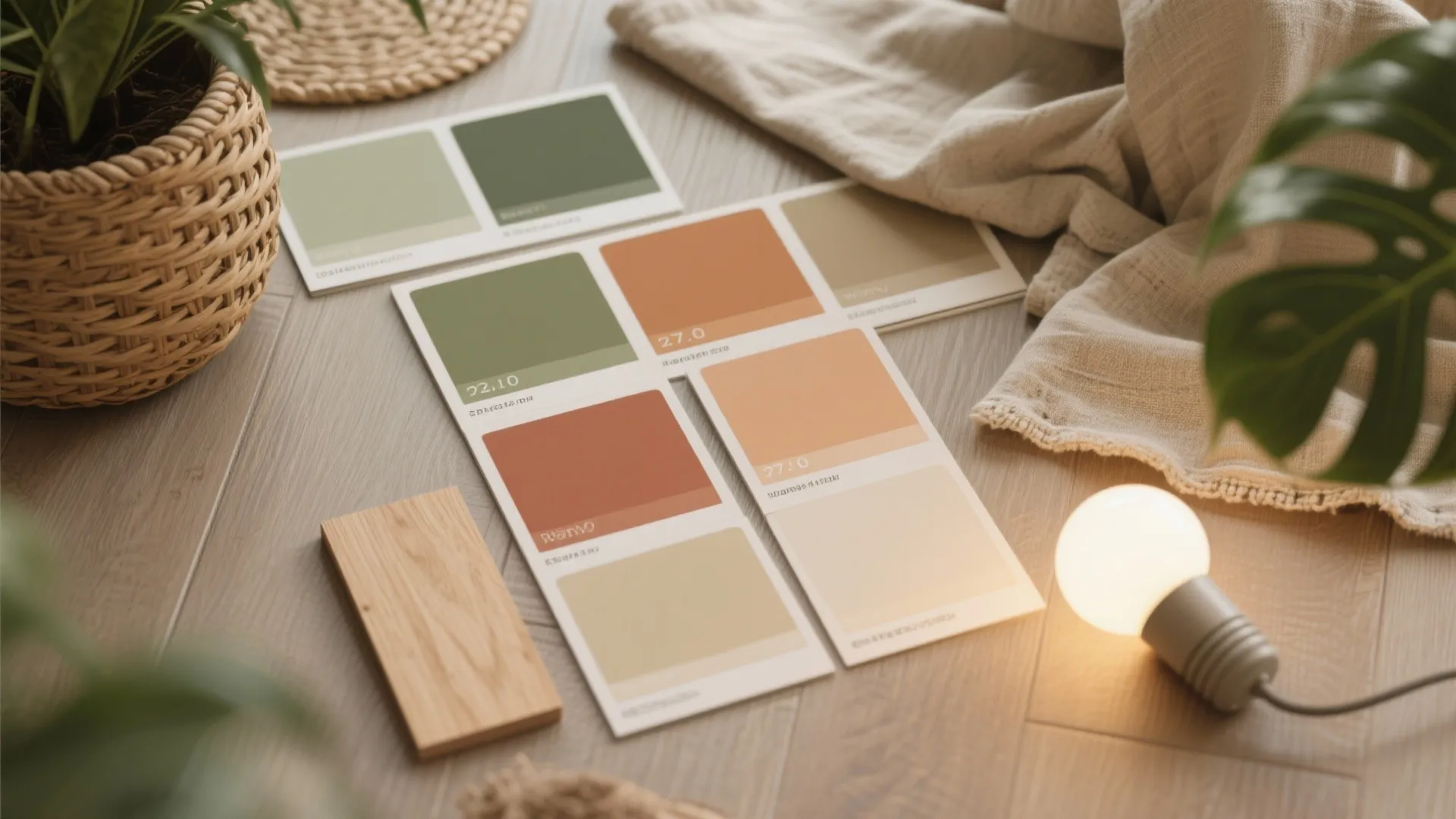 Earthy paint color samples on wood floor with small plant wooden block and warm light