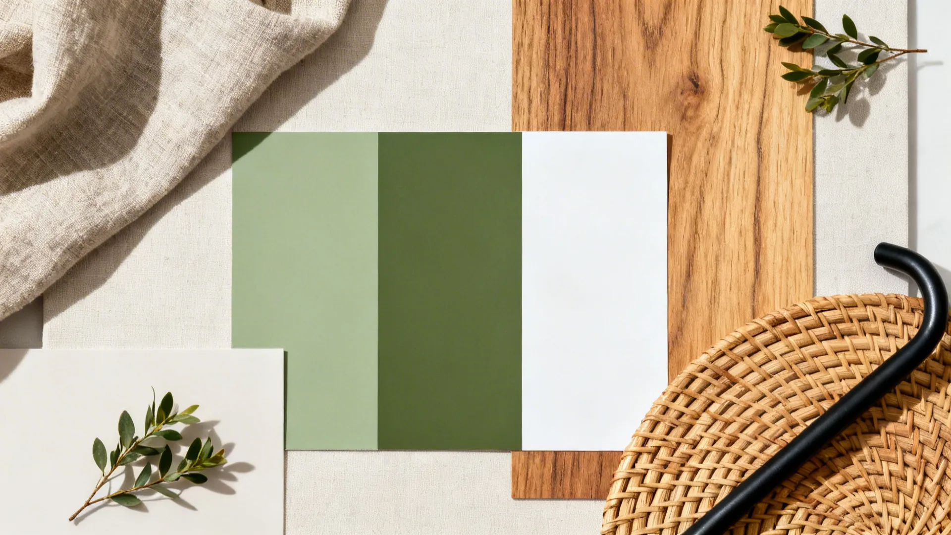 Flat lay with sage and warm white swatches, oak, linen, rattan, and plant clippings.