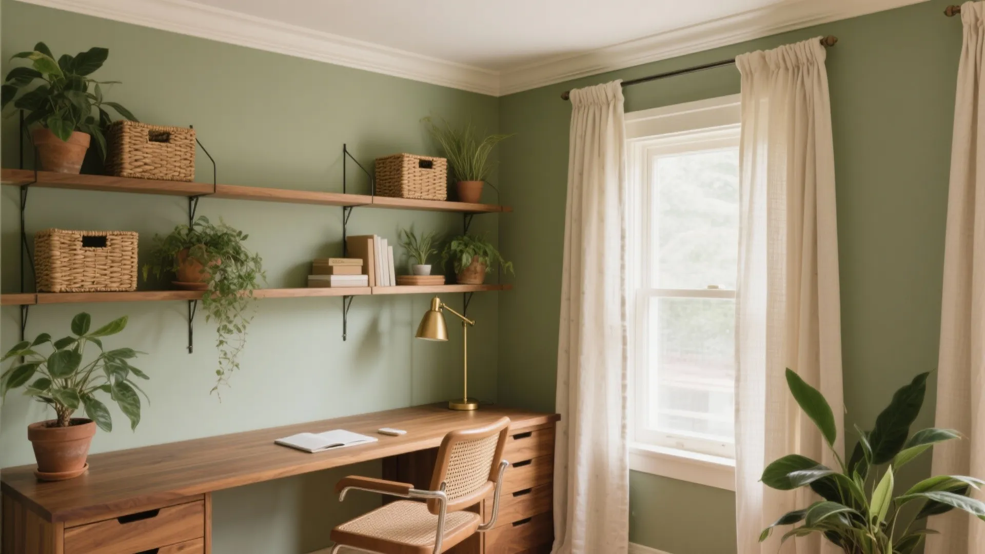 Green wall home office featuring a wooden desk plants wall shelves books and white curtains