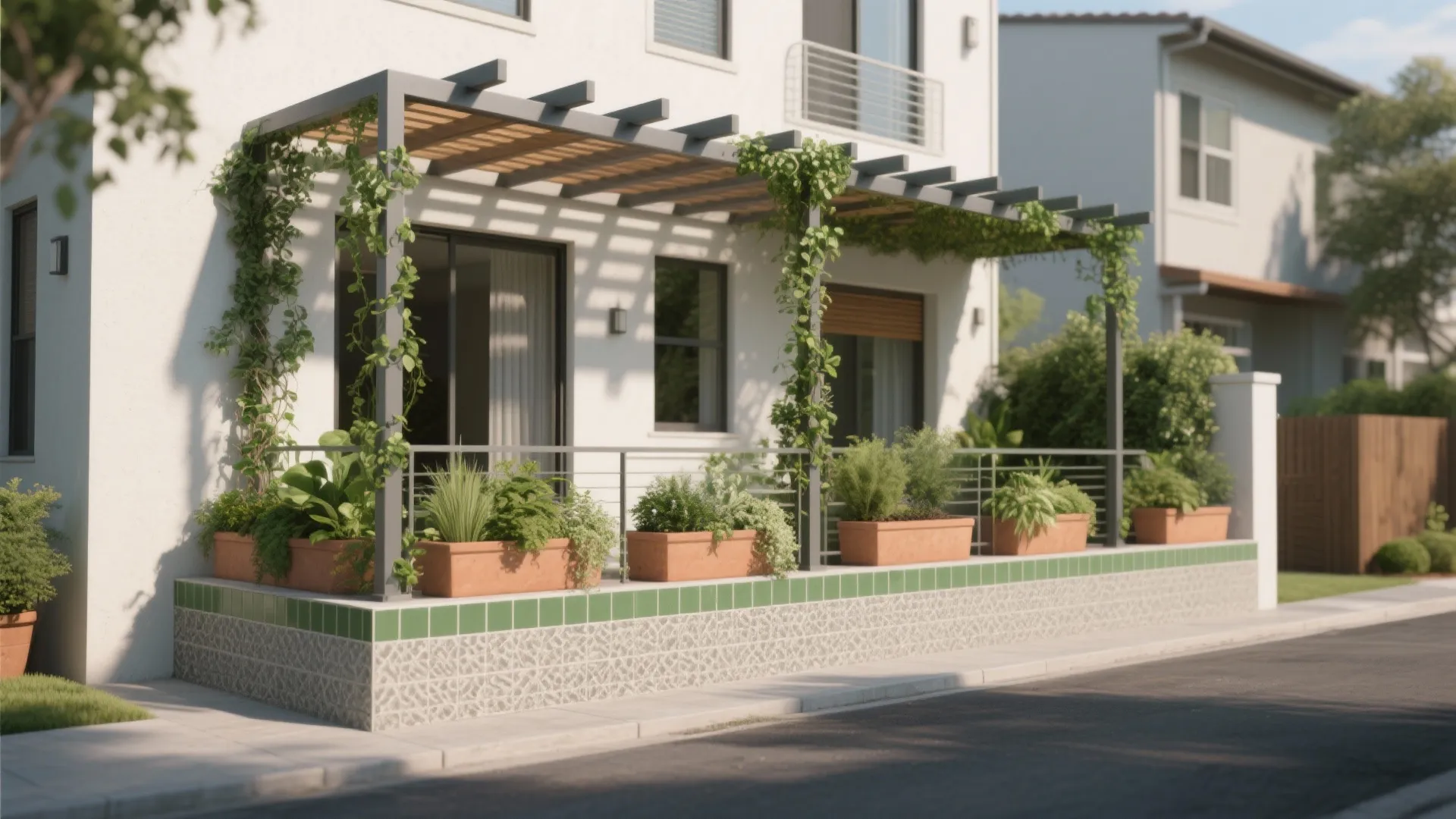 Green Edge: Planters, Pergolas, and Textured Skirting