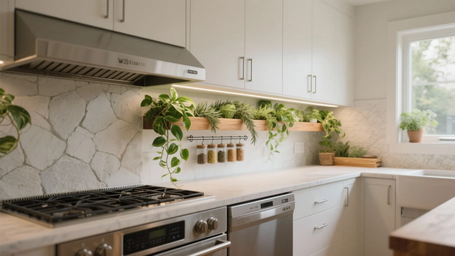 Modern white kitchen with stone wall, green plants on wooden shelf, and stainless steel stove