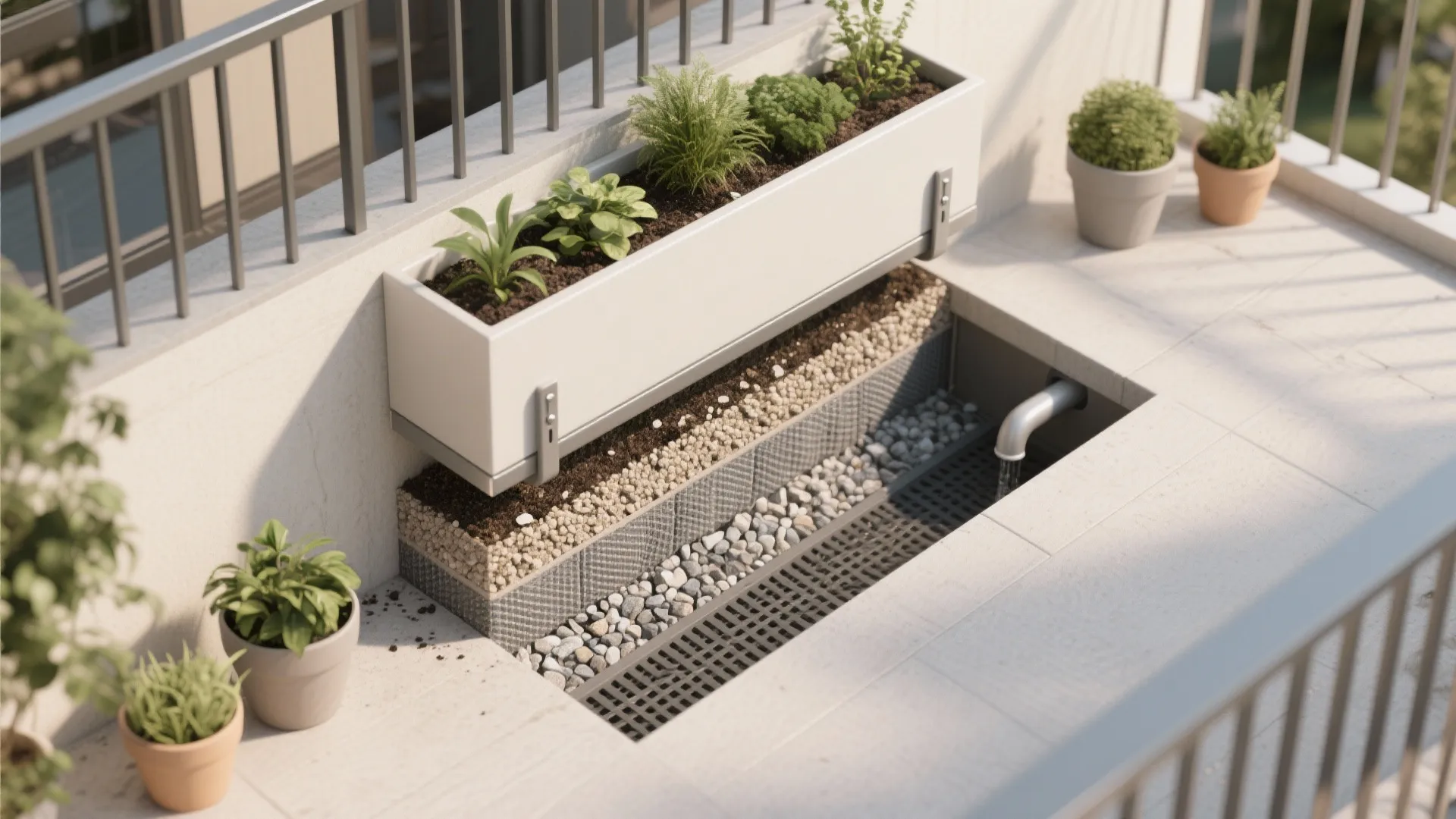 4) Greener edges: built-in planters, railing pots, and smart drainage