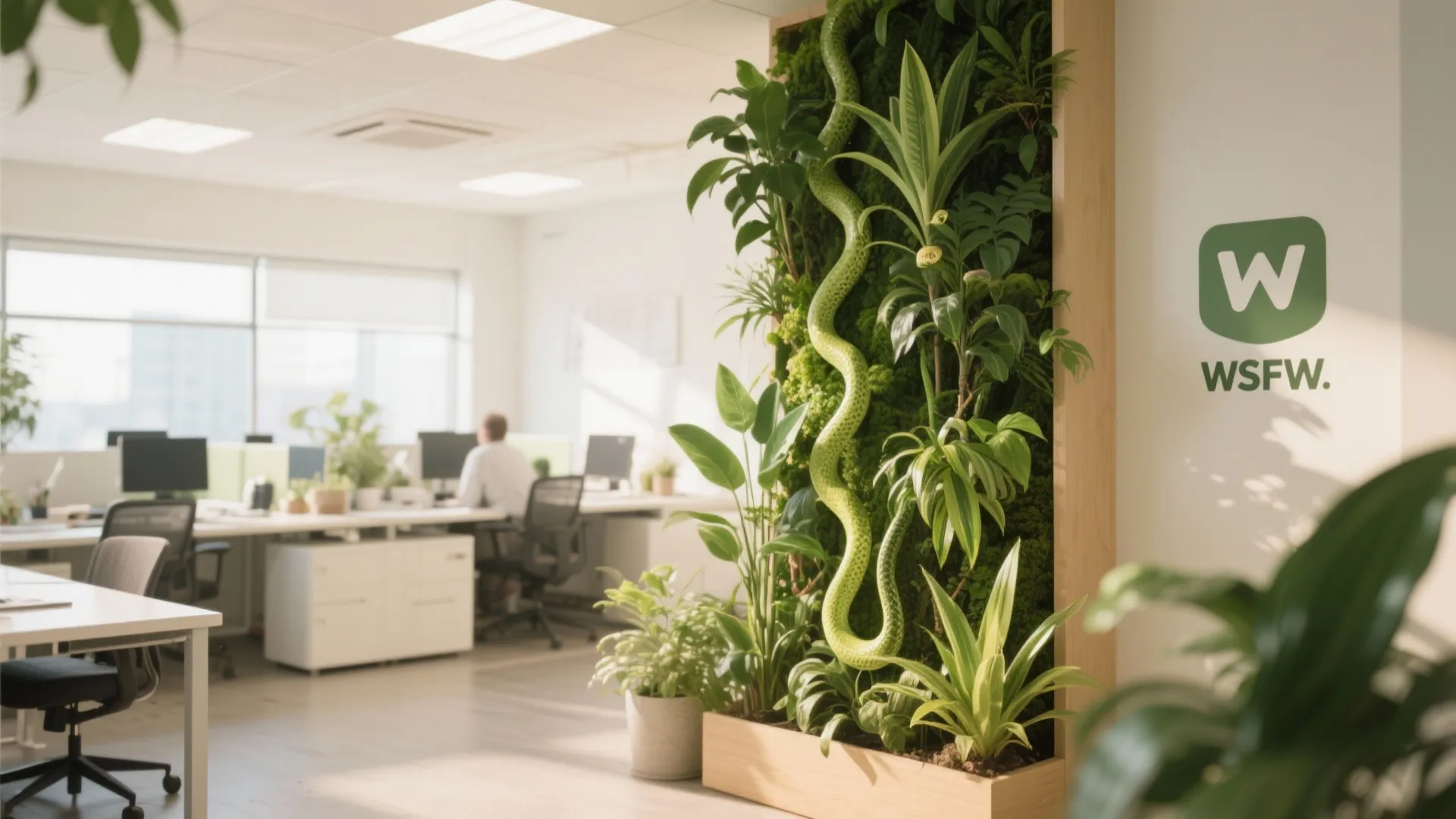 Staff room with lush indoor plants and a vertical garden wall