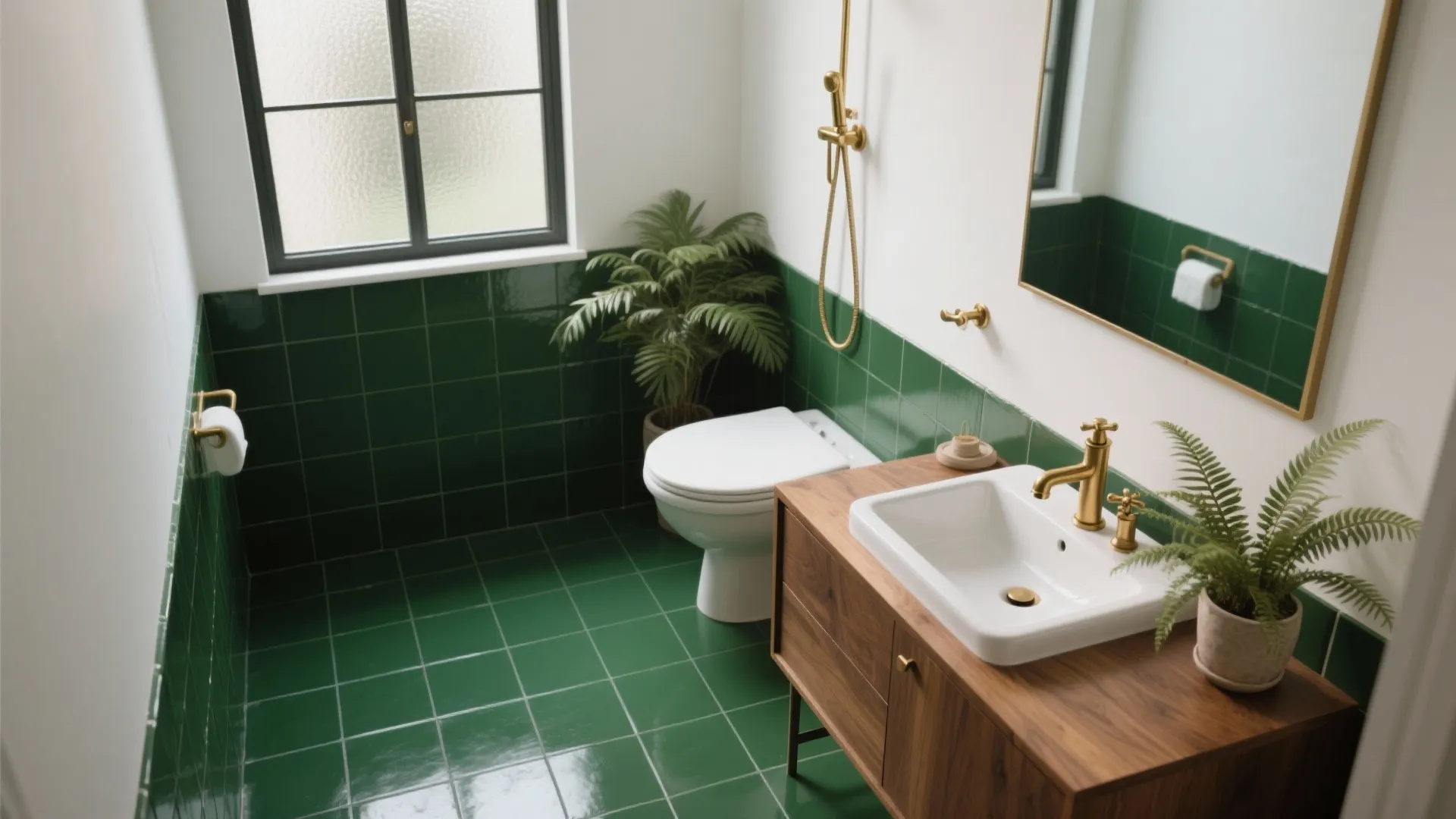 Modern bathroom with green wall tiles wooden cabinet white sink gold light fixture and small plant