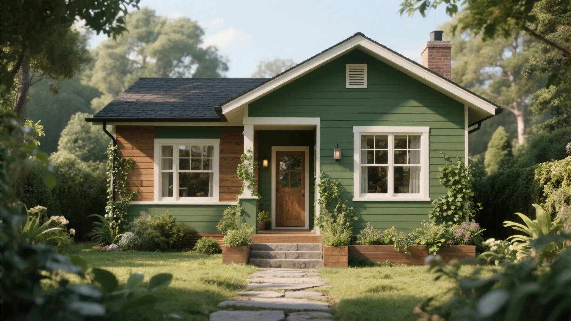 Dark green house with wood paneling stone path white windows and lush green garden with flowers