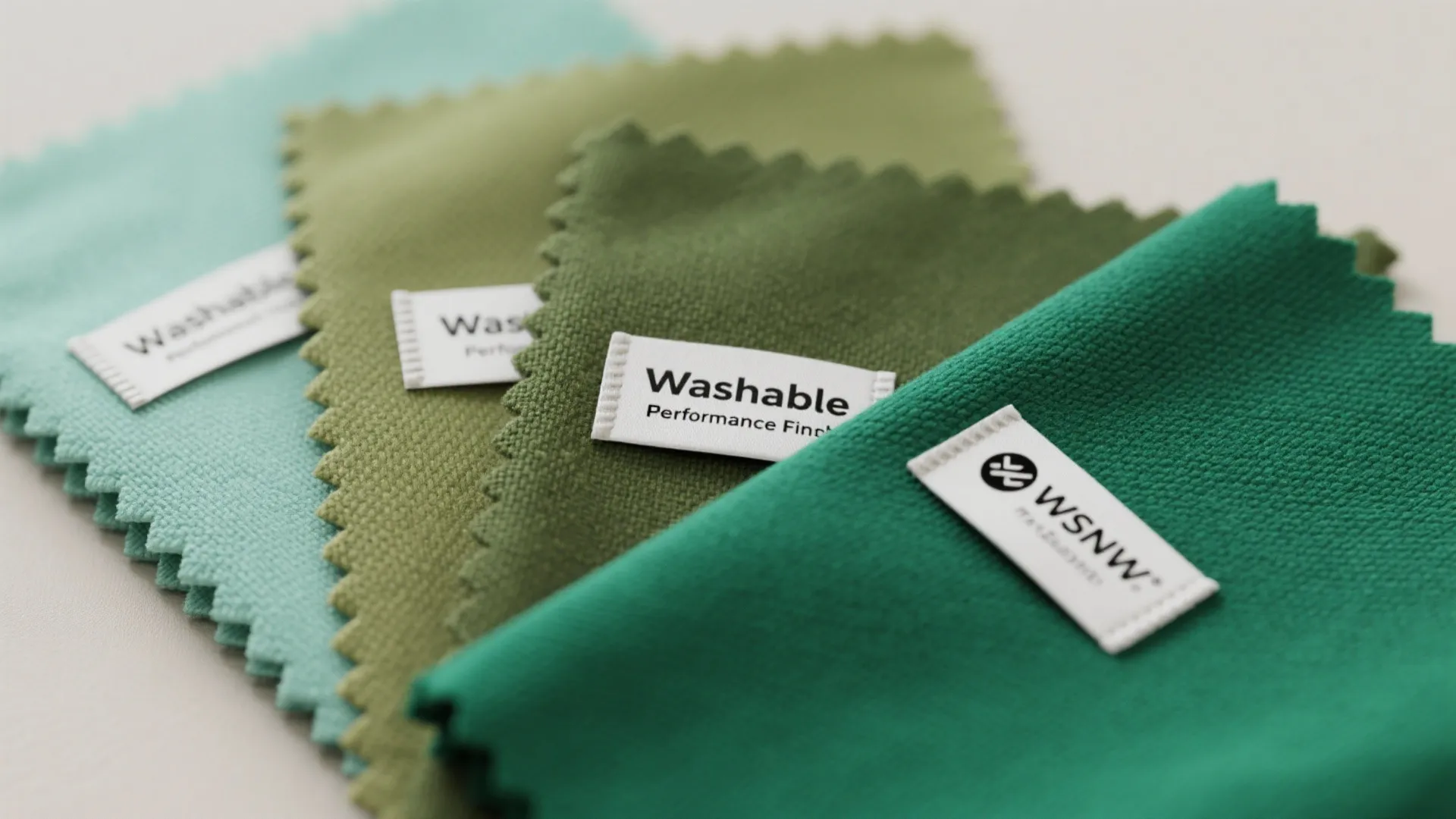 Row of green fabric samples with white labels for choosing furniture material in interior design