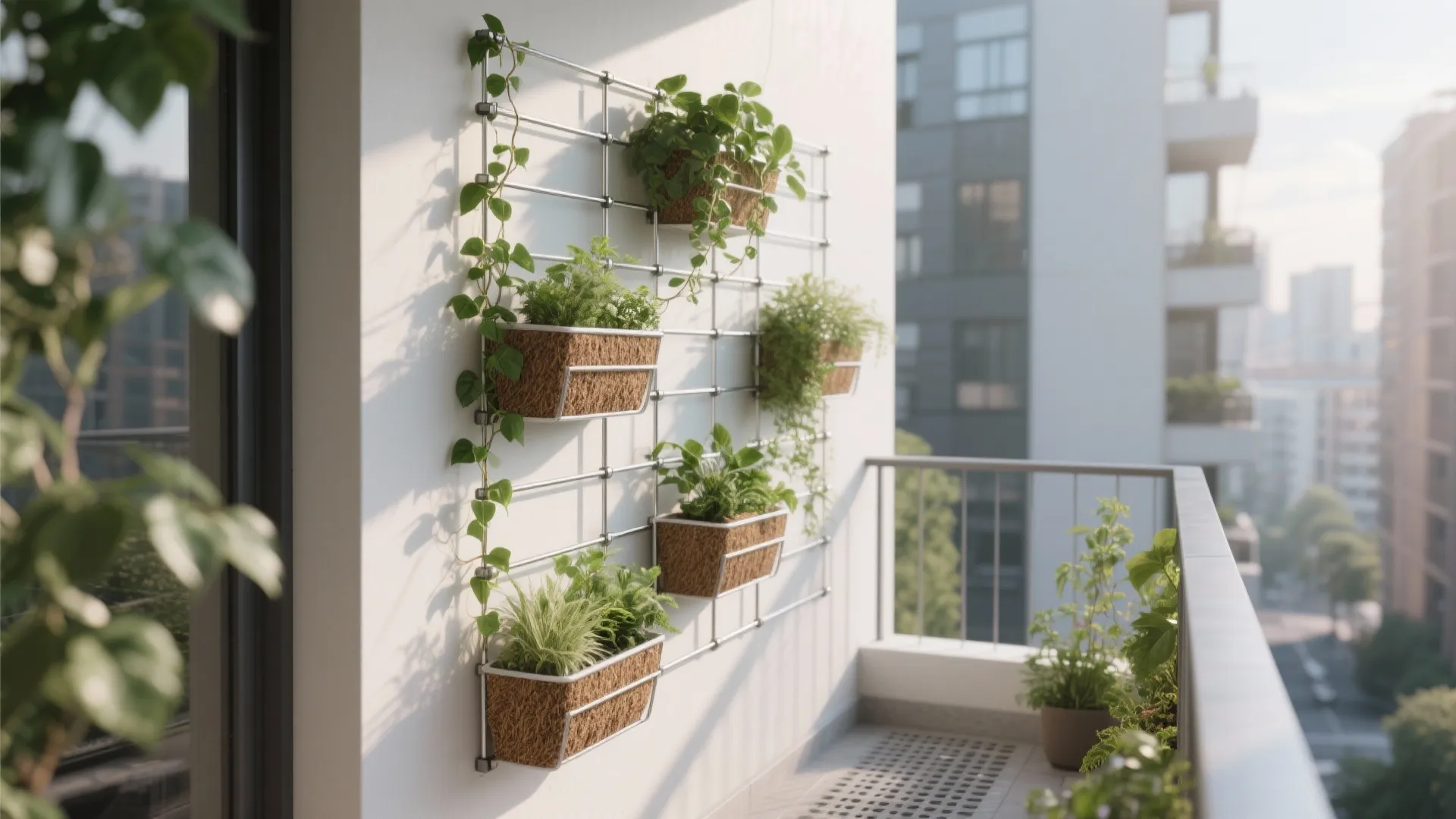 Small balcony with modular planters and a slim trellis supporting green vines.