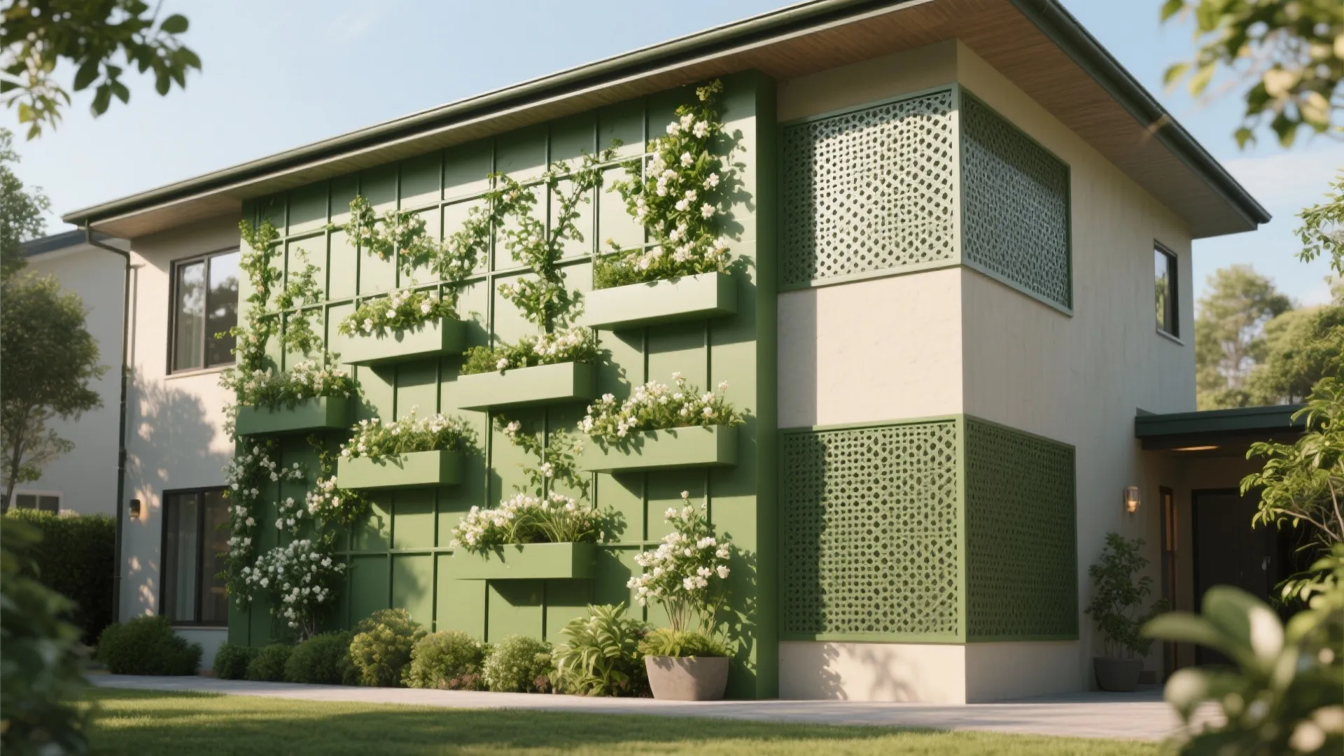 Green Facade with Trellis and Planter Bands