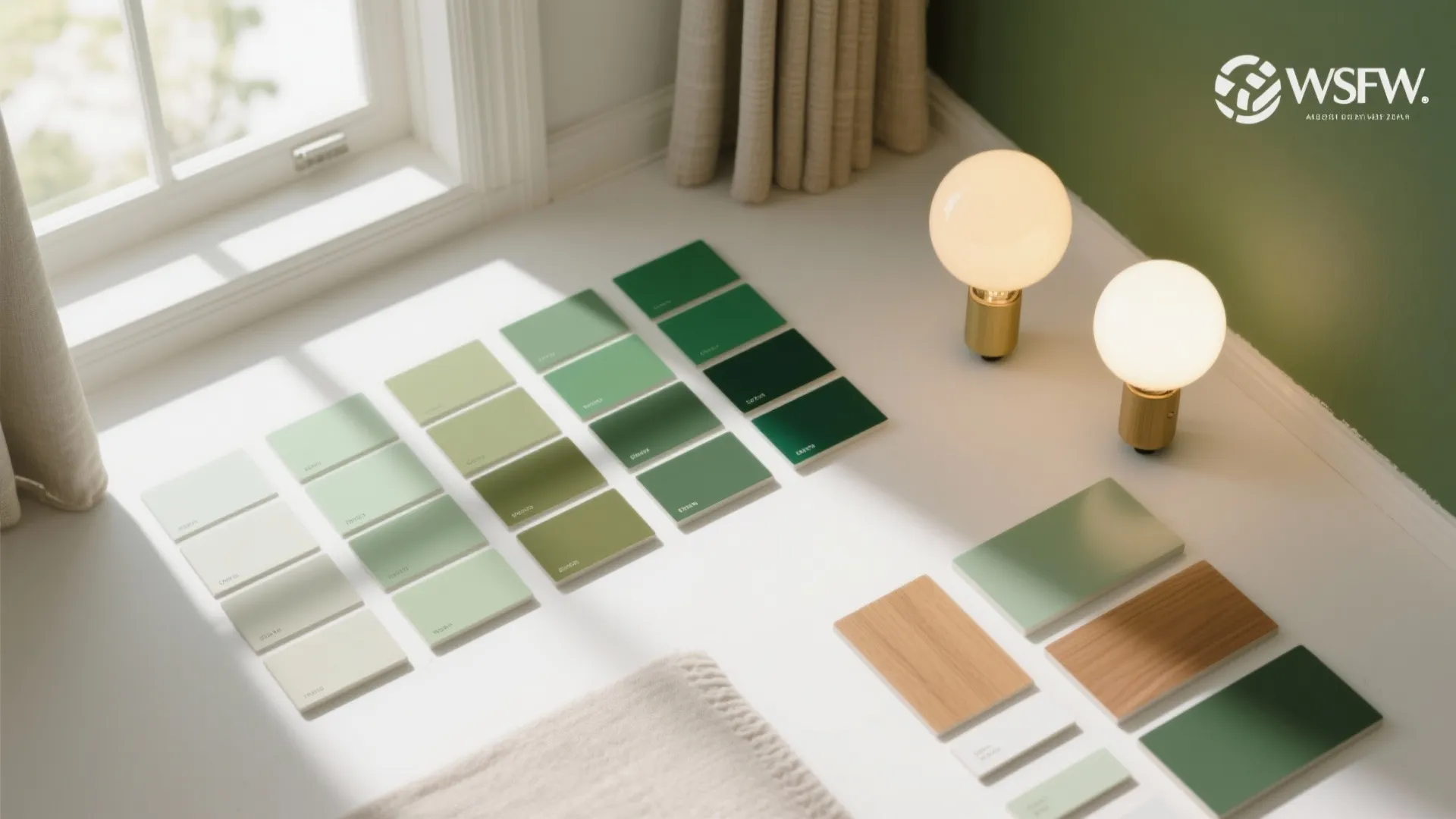 Green color paint samples and wood floor tiles on white surface with two round light bulbs