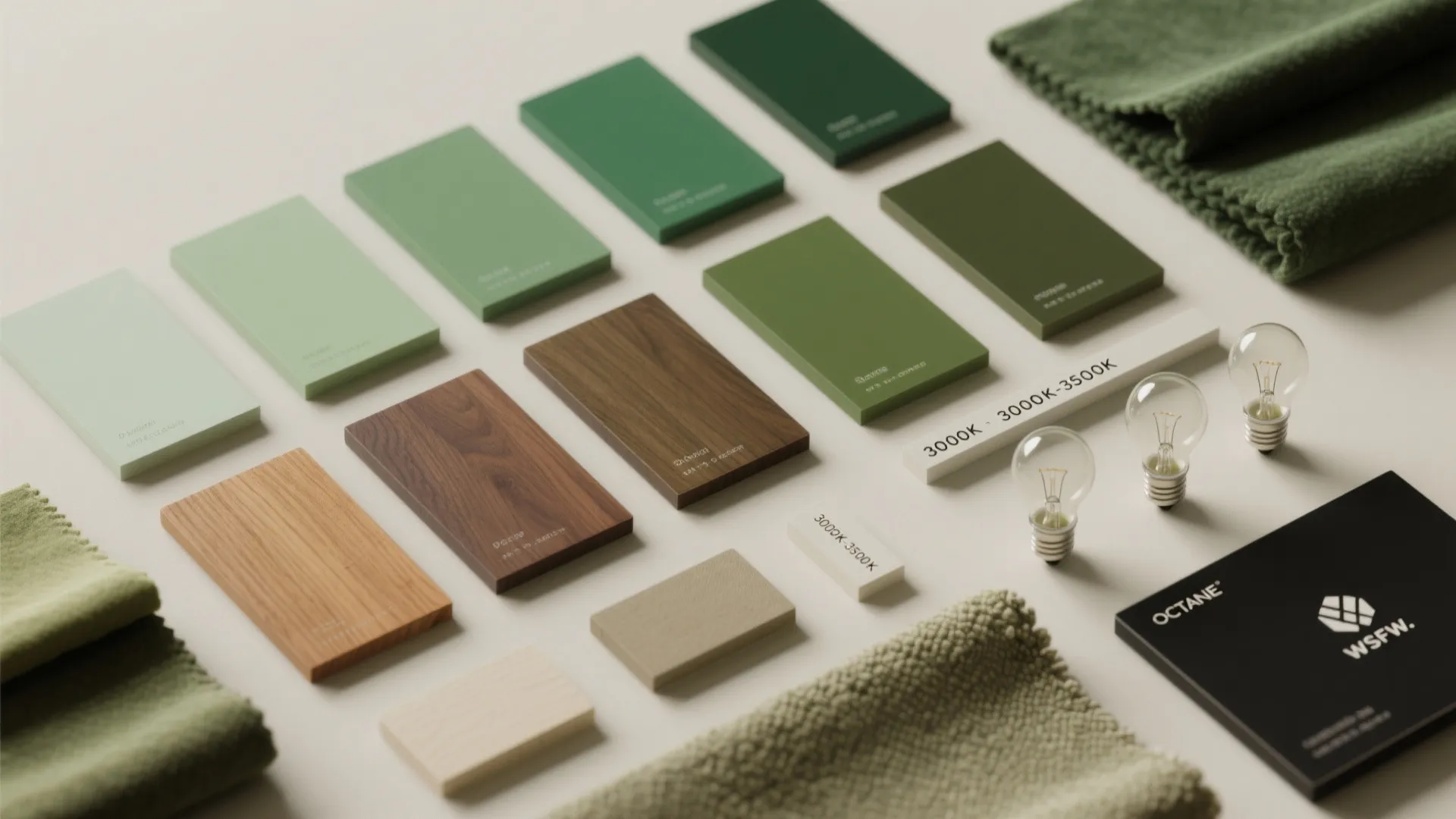Flatlay collection of green color swatches wood panels fabric samples and light bulbs for home