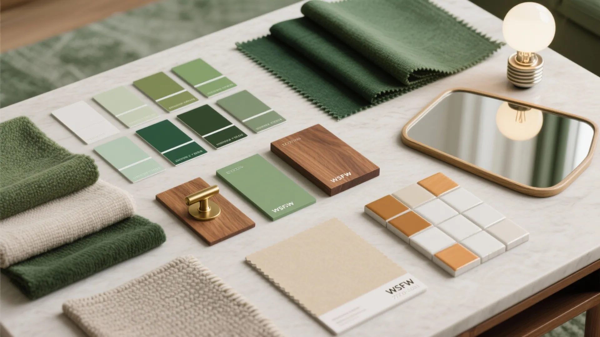 Interior design mood board with green color swatches fabric samples wood pieces and small white tiles