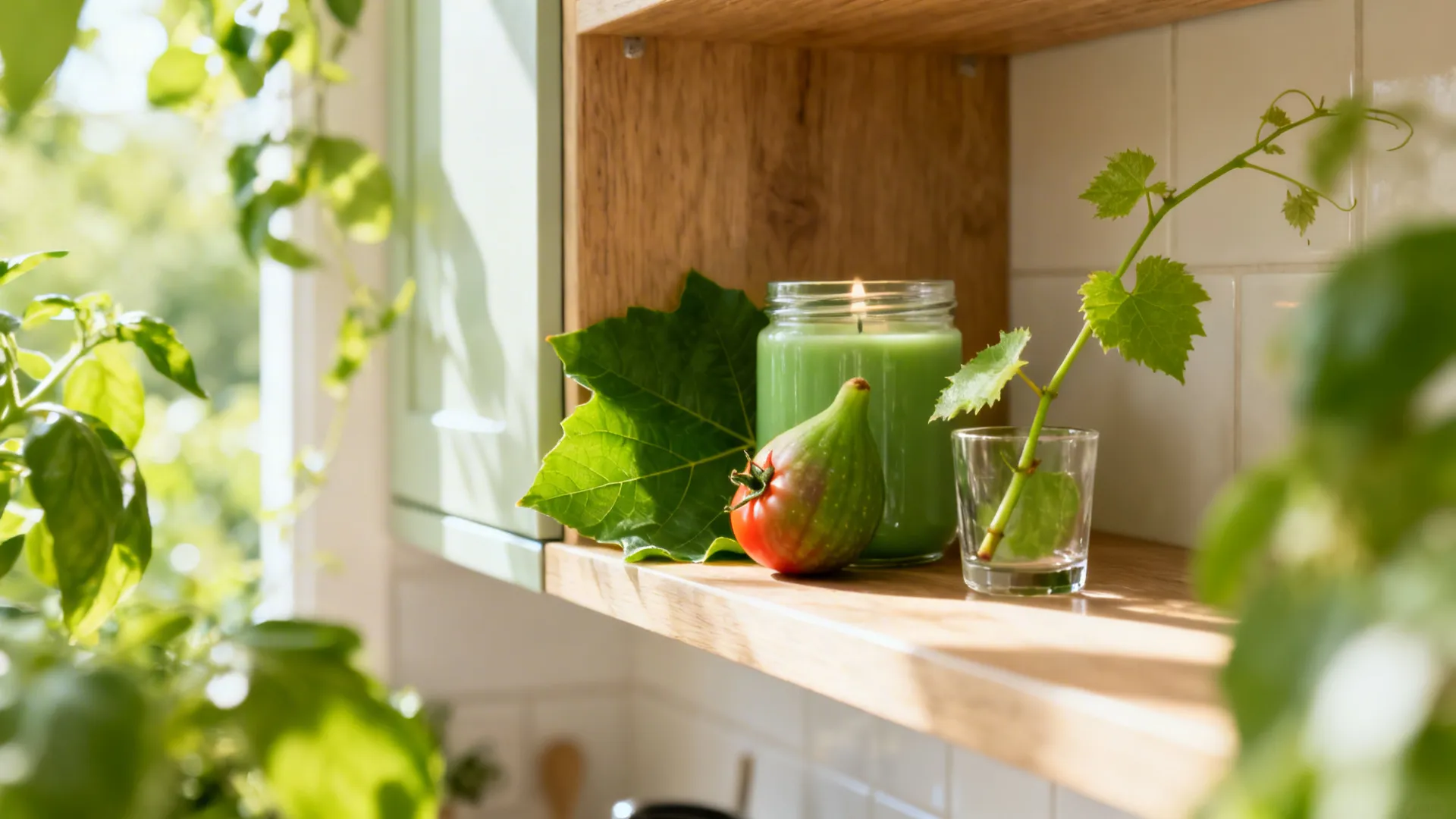 Macro of a green fig and tomato leaf candle with a vine cutting on an open shelf.