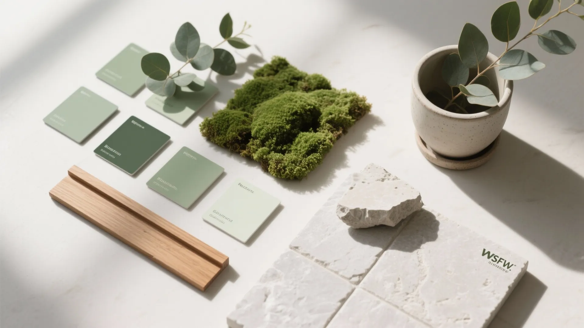 Interior design mood board with green color samples moss wood stone and small plant pot