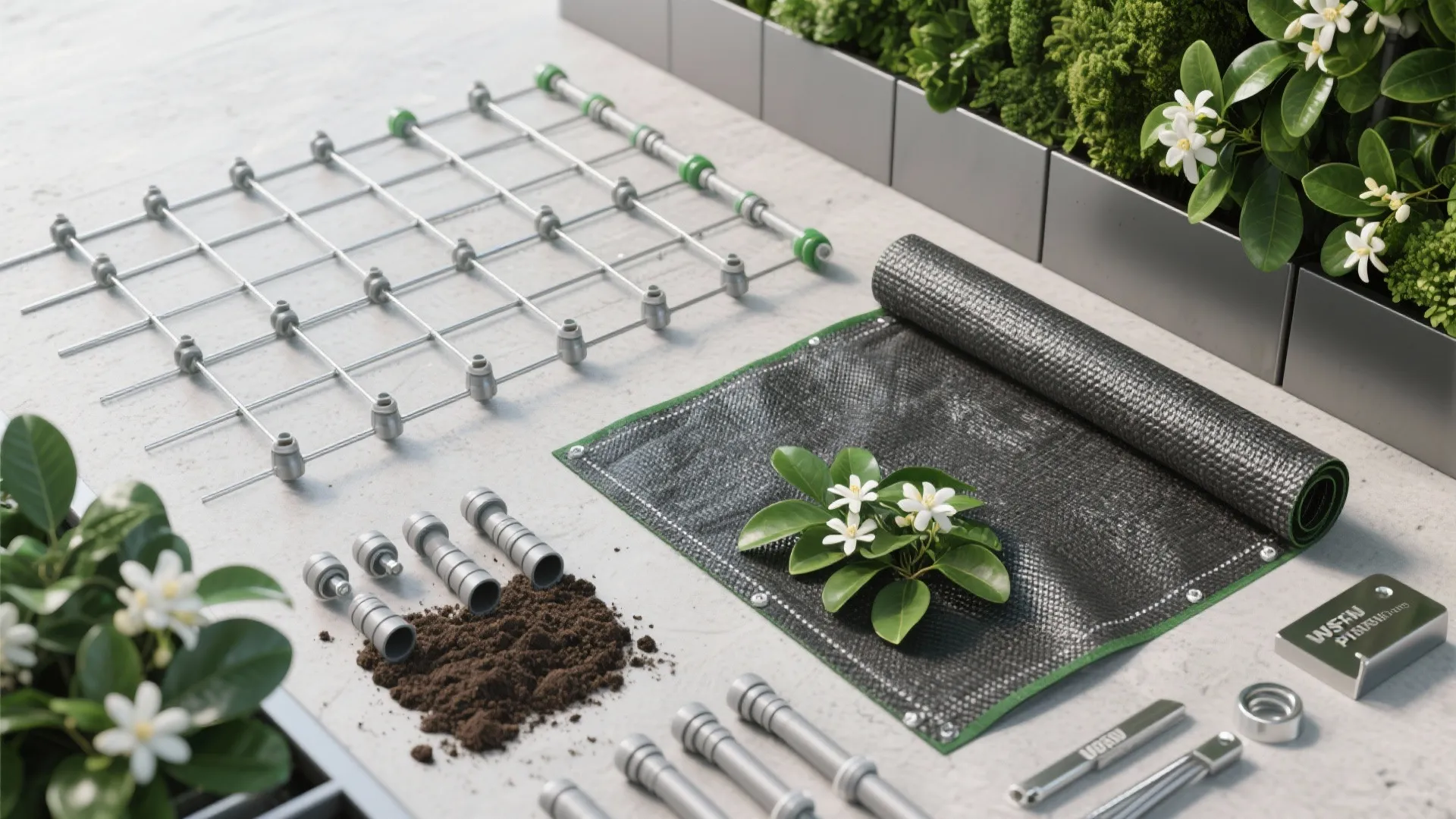 Gardening materials including mesh grid and black fabric and soil and green plants and tools