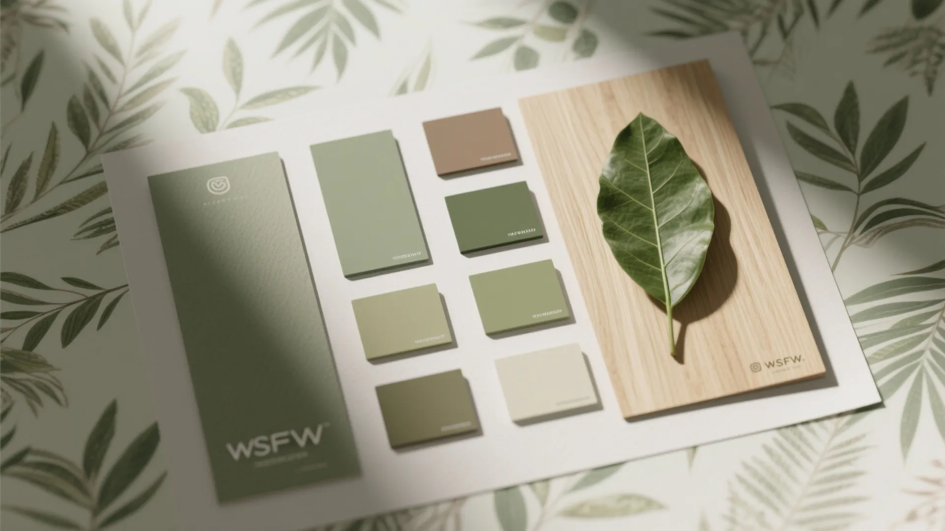 Interior design mood board with green color samples wood piece and a single green leaf