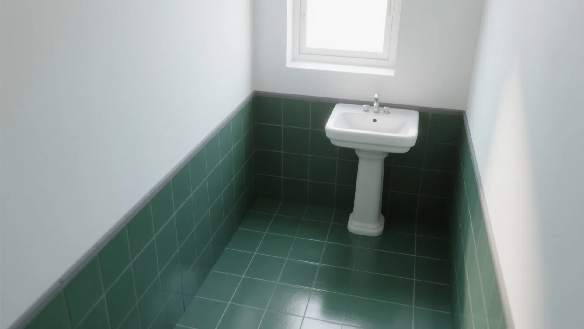 Simple bathroom interior design showing white walls, green floor tiles, and a white pedestal sink