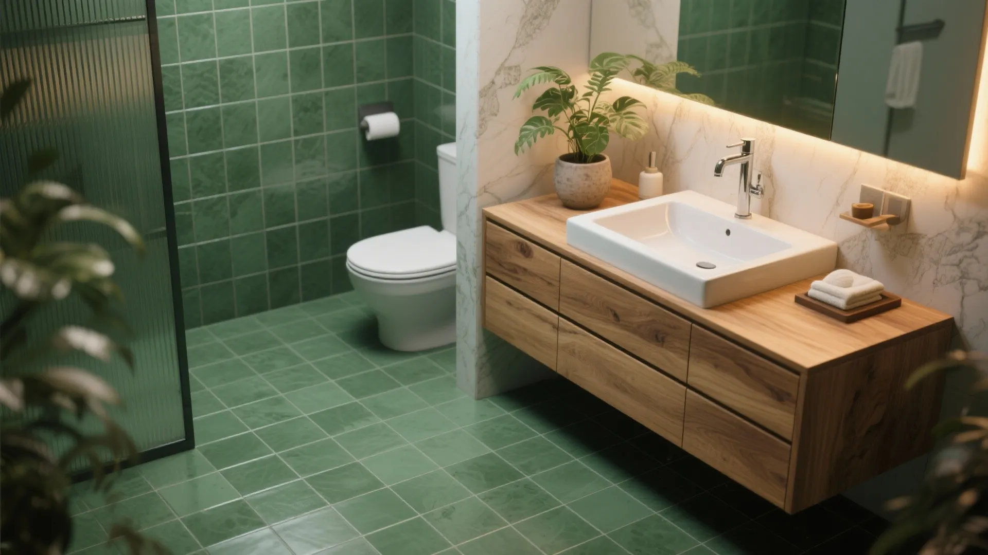 Modern bathroom with green wall tiles wood cabinet white sink toilet and potted green plant