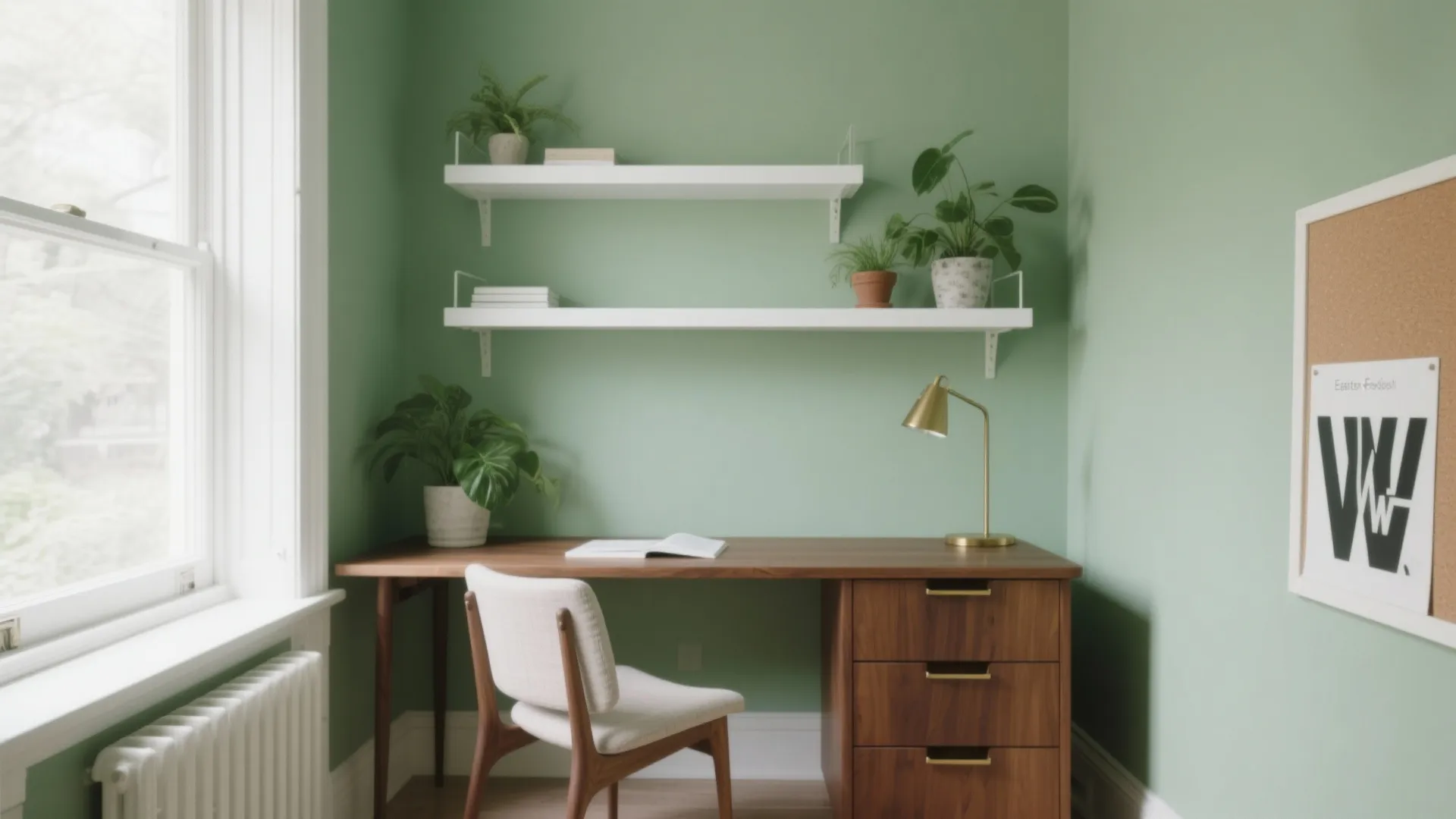 Green home office with wooden desk and chair featuring wall shelves with small green plants