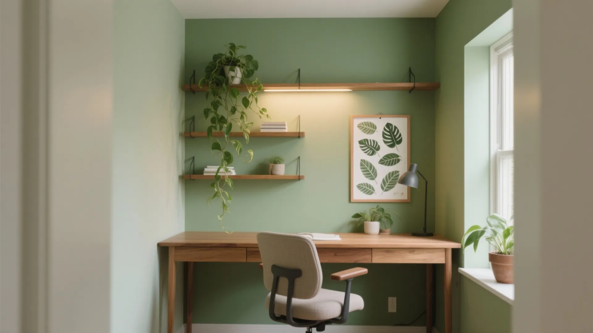 Home office with green walls wooden desk grey chair and wooden wall shelves green plants
