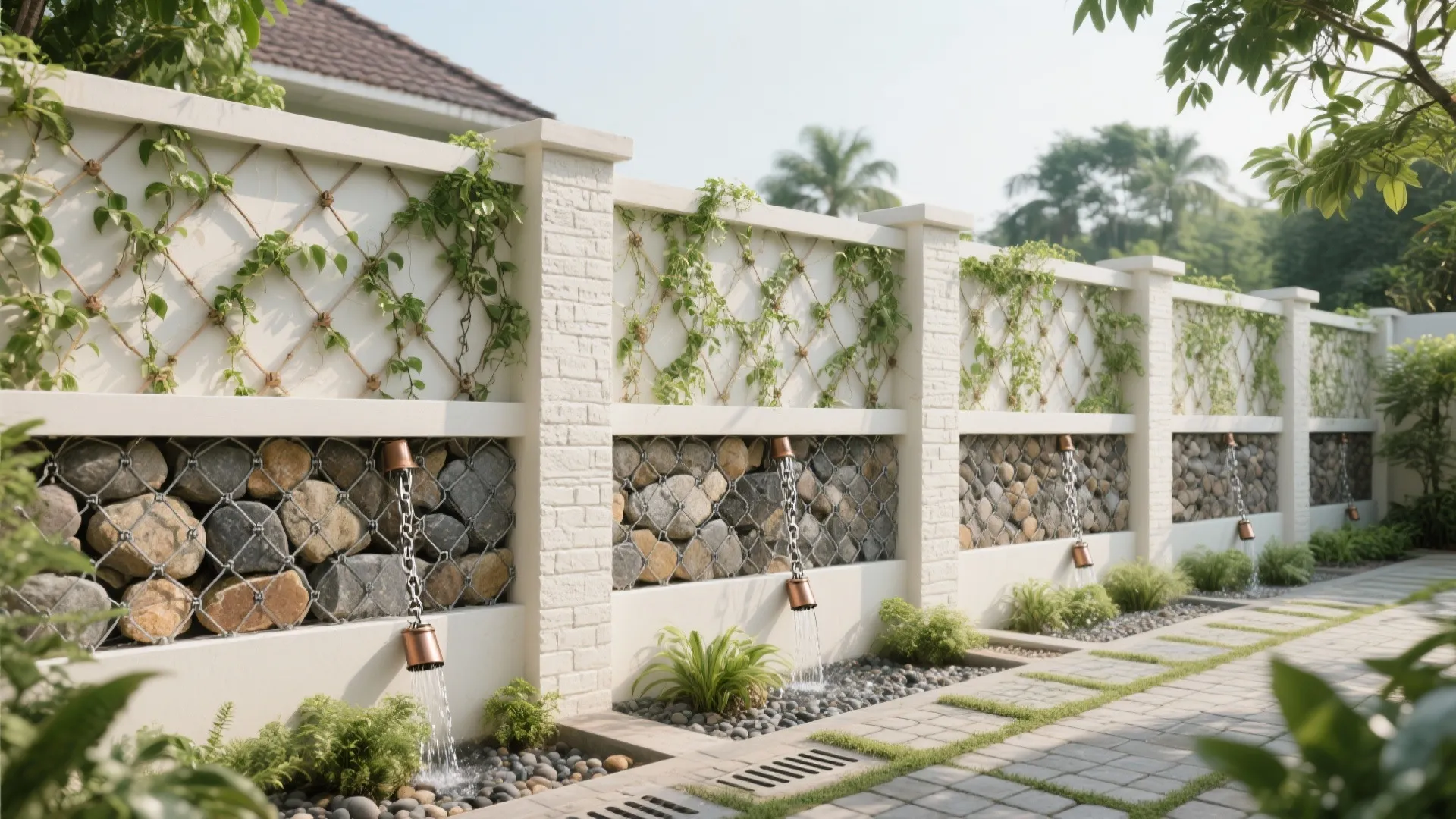Green Boundary: Vines, Gabion Inserts, and Rain Chains