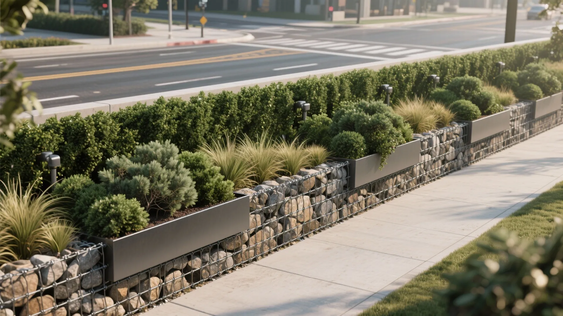 Green buffer walls: hedges, planters, and gabion hybrids