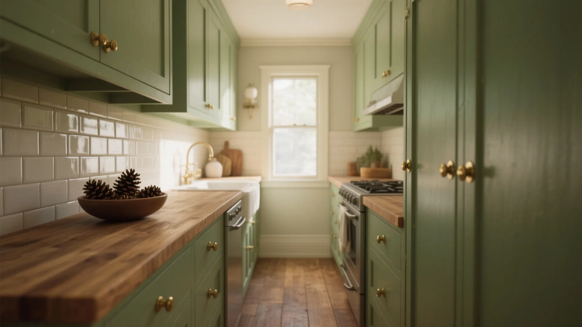 Narrow green galley kitchen with wooden countertops white sink gas stove and wood floor through center