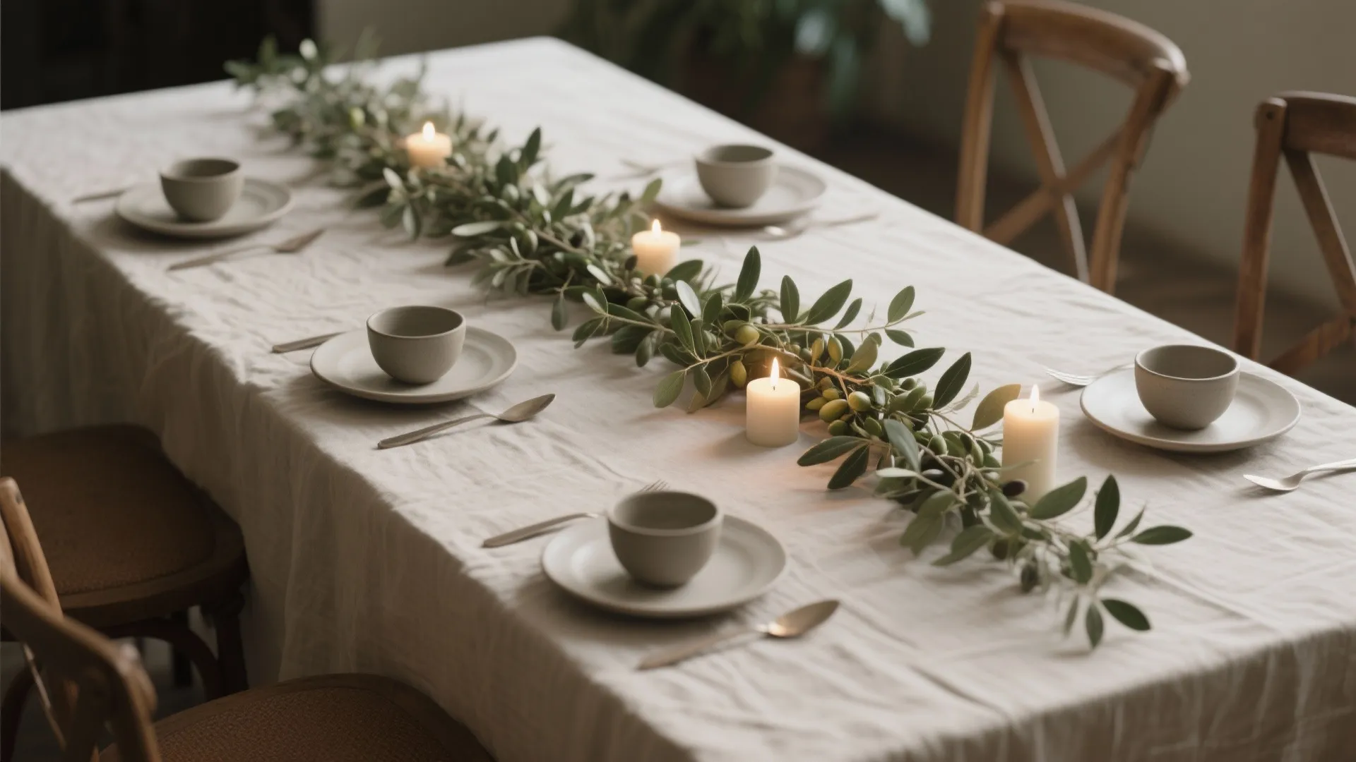 Rectangle table with meandering eucalyptus garland and tea lights, gaps left for plates and elbows.