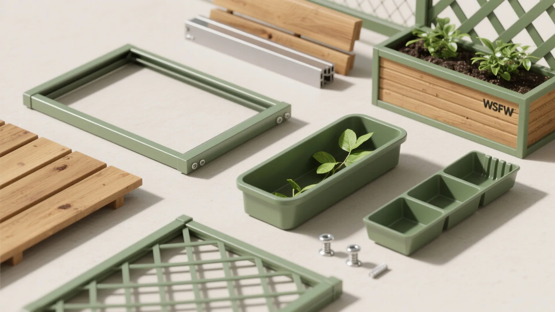 Green metal parts for garden gate kit including planter boxes and wooden slats on floor
