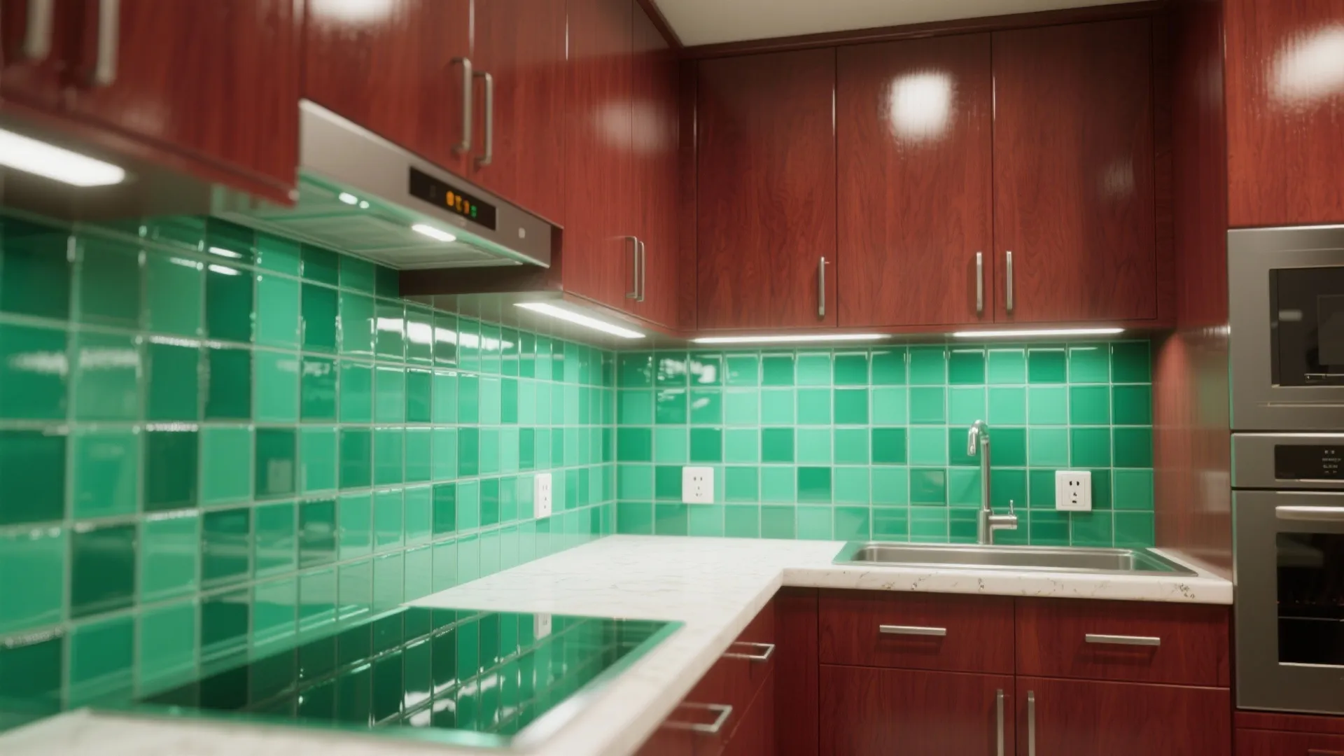 Dark wood kitchen cabinets with bright green square wall tiles and white marble counter top