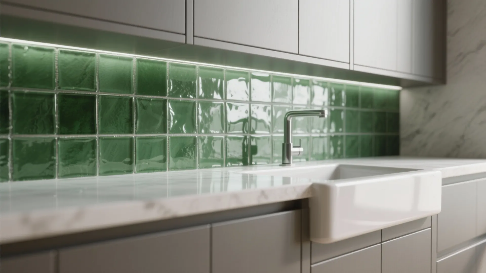 Recycled green glass tile backsplash behind a warm grey vanity sink reflecting light