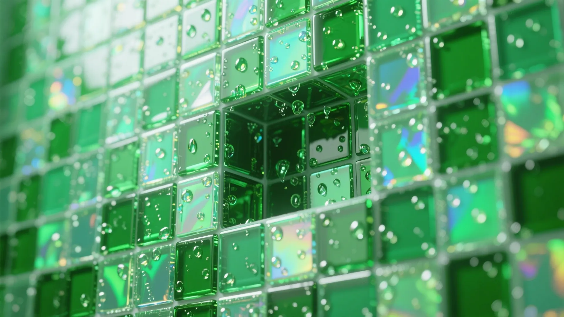 Green glass mosaic tiles reflecting light with iridescent, jewel-like finish in a shower niche