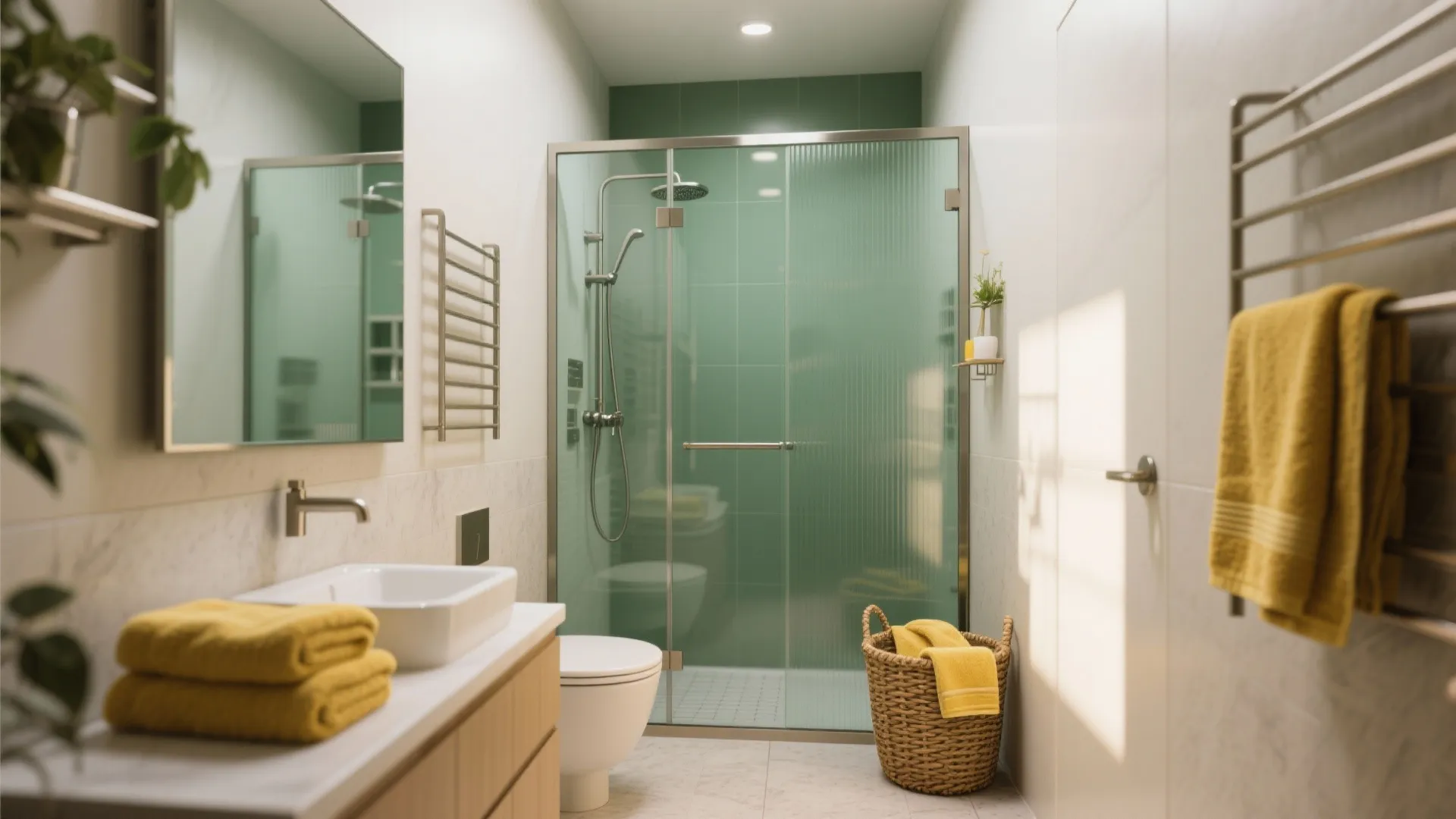 Modern bathroom with green-tinted glass shower and yellow textile accents