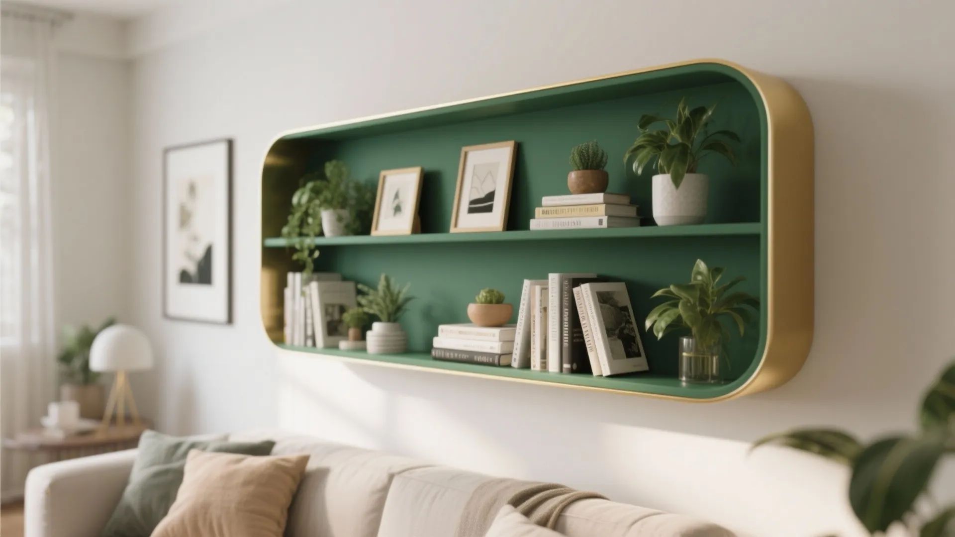 Modern green wall shelf with gold frame holding books small plants and framed art pieces