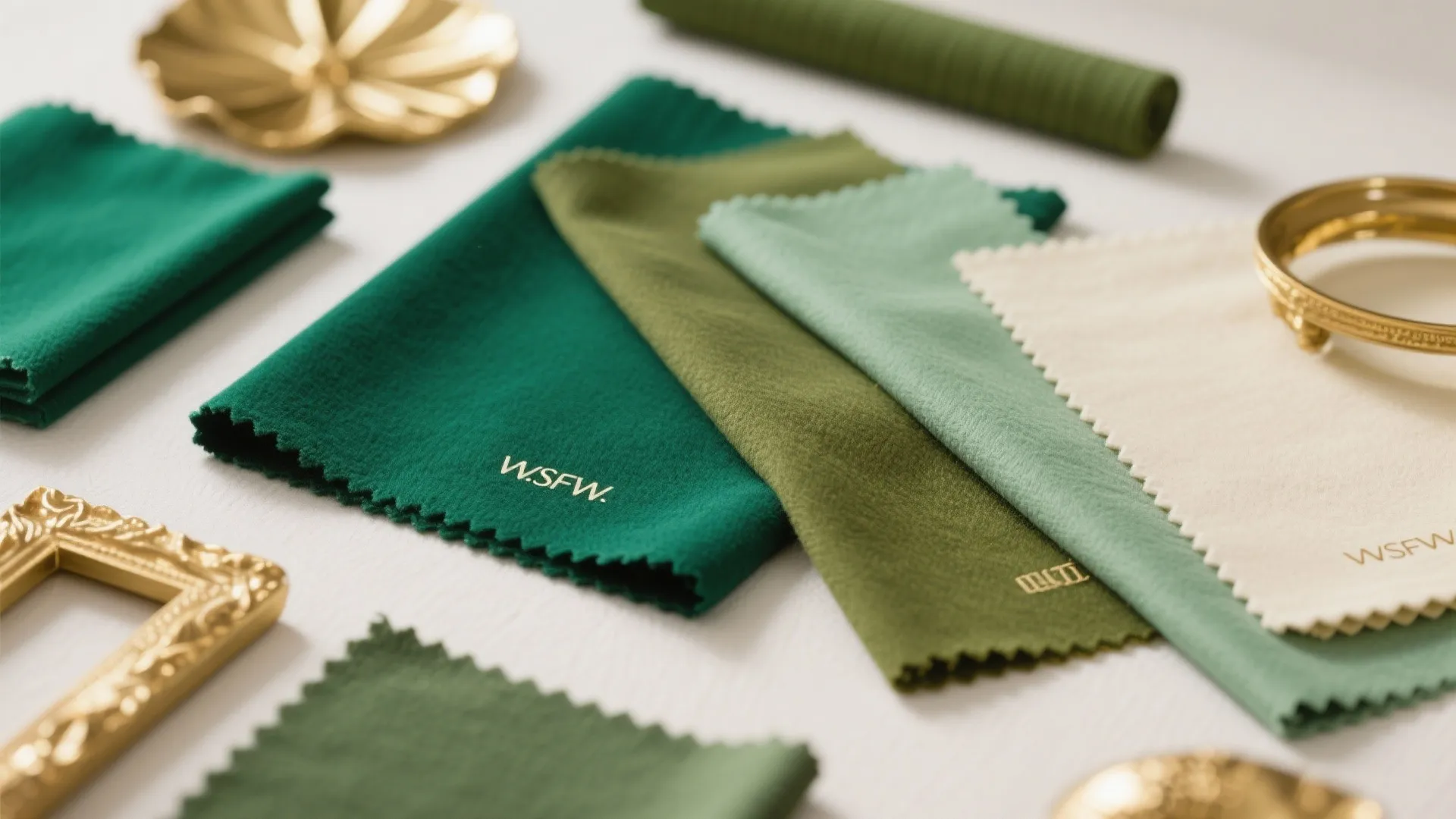 Green and cream fabric swatches placed on a white surface with gold decorative home accessories