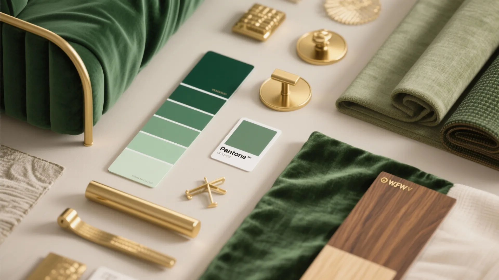 Green velvet fabric pieces with gold metal handles wood floor samples and green color charts